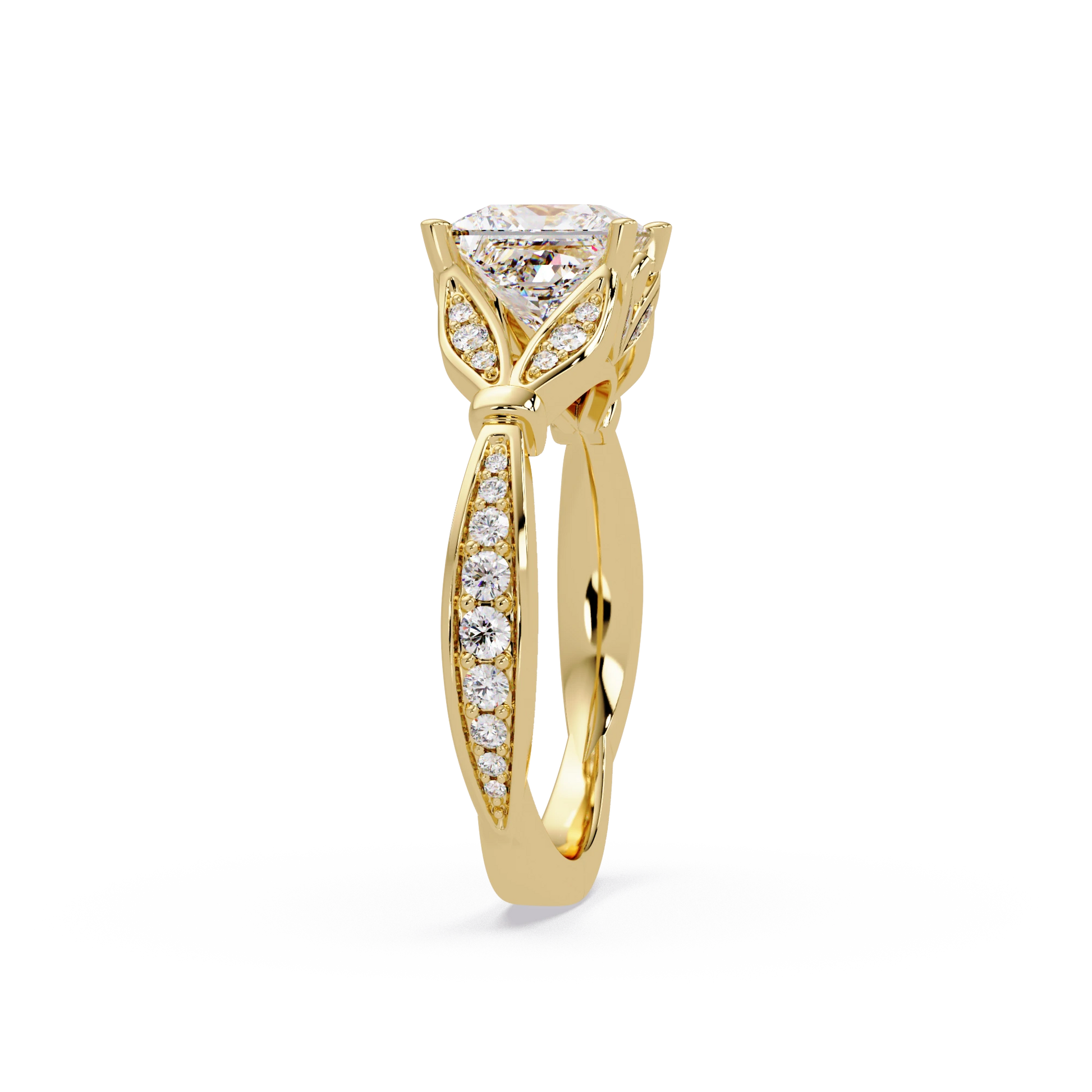 Princess Cut Lab Grown Diamond Engagement Ring White Gold Leaf Pavé Geometric Bridal Ring