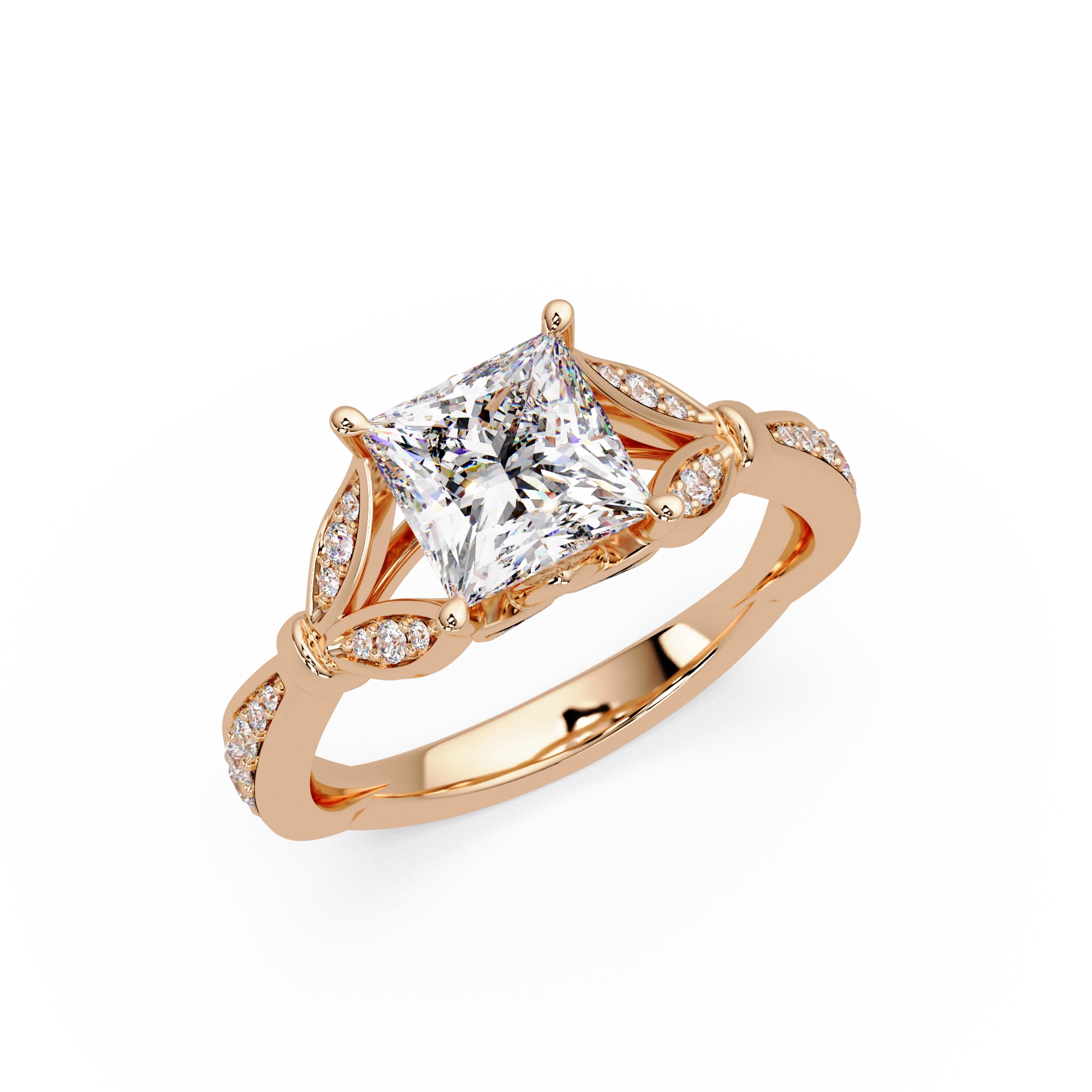 Princess Cut Lab Grown Diamond Engagement Ring White Gold Leaf Pavé Geometric Bridal Ring