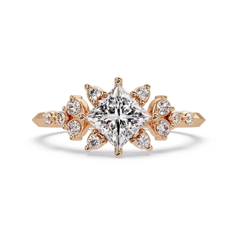 Princess Cut Lab Grown Diamond Engagement Ring Floral Cluster Gold Ring
