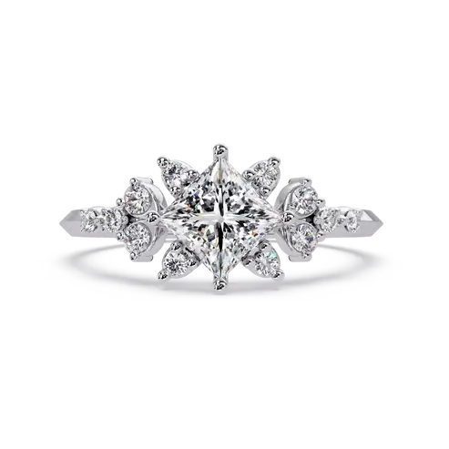 Princess Cut Lab Grown Diamond Engagement Ring Floral Cluster Gold Ring