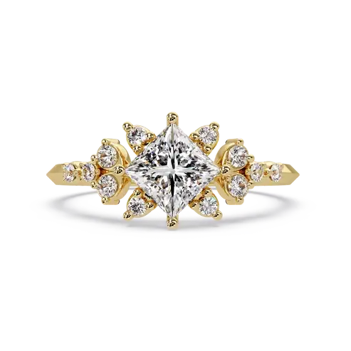 Princess Cut Lab Grown Diamond Engagement Ring Floral Cluster Gold Ring