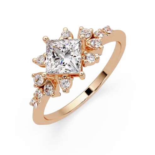 Princess Cut Lab Grown Diamond Engagement Ring Floral Cluster Gold Ring