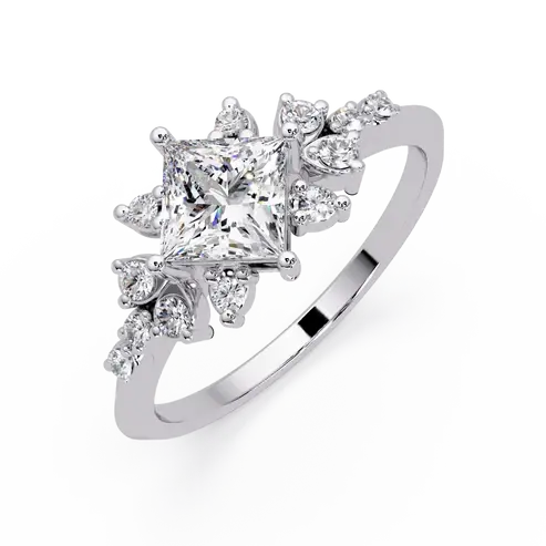Princess Cut Lab Grown Diamond Engagement Ring Floral Cluster Gold Ring
