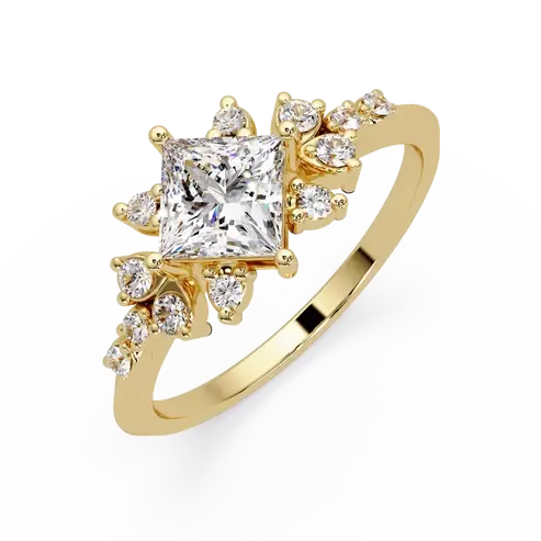 Princess Cut Lab Grown Diamond Engagement Ring Floral Cluster Gold Ring