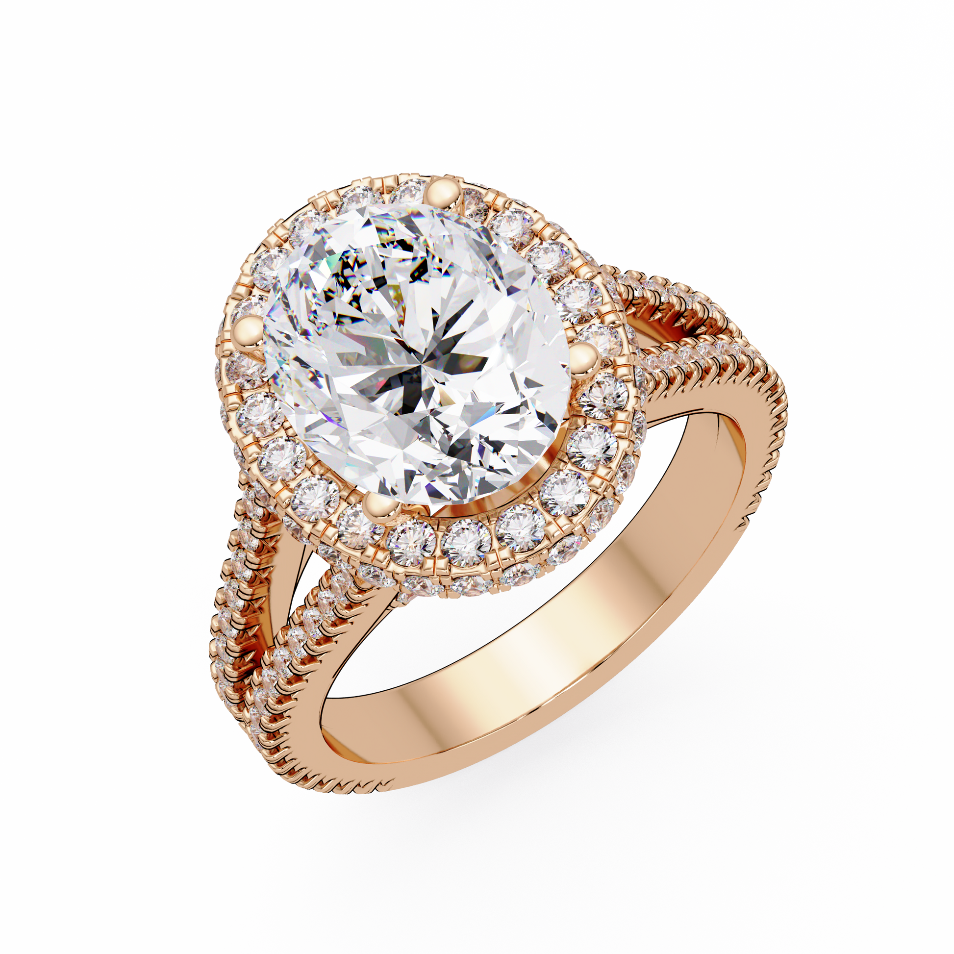 Oval Cut Lab Grown Dimond Halo Ring in Split Shank