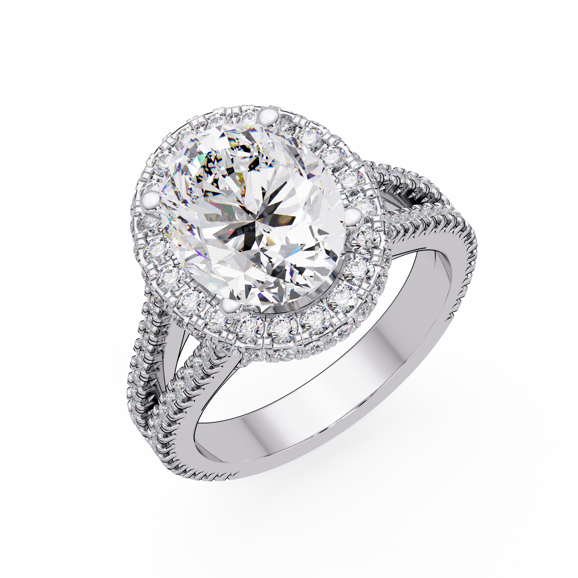 Oval Cut Lab Grown Dimond Halo Ring in Split Shank