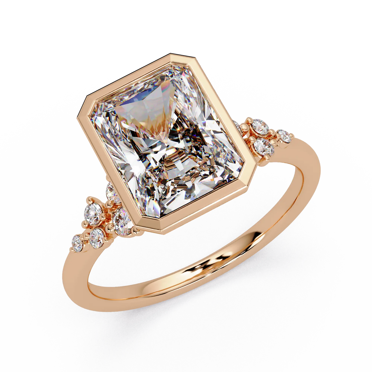 Radiant Cut Lab Grown Diamond Bezel Engagement Ring with Floral Side Stones