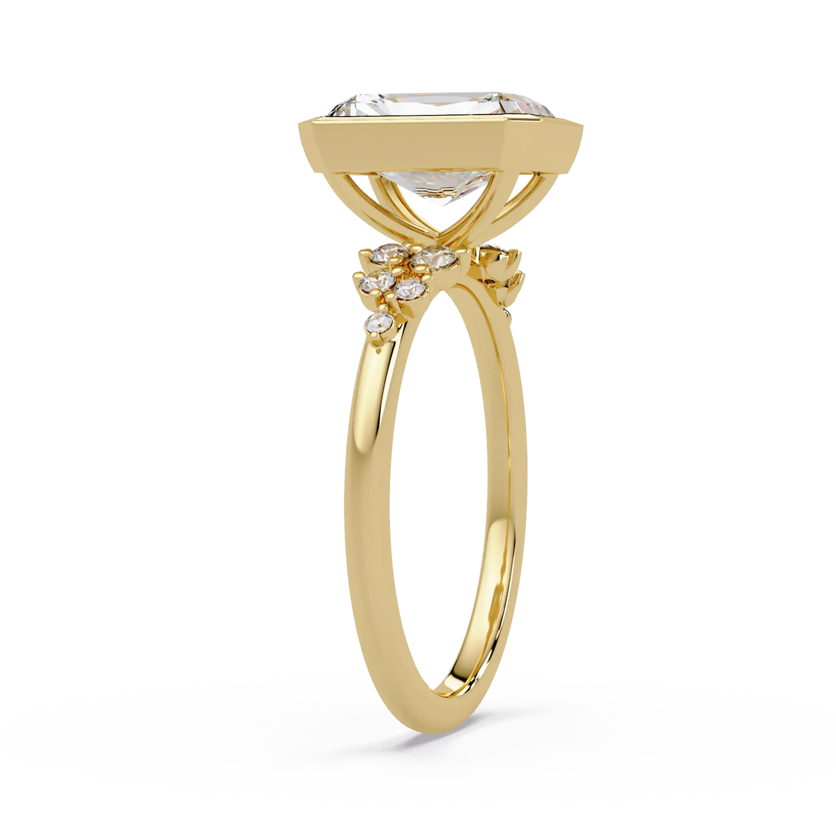 Radiant Cut Lab Grown Diamond Bezel Engagement Ring with Floral Side Stones