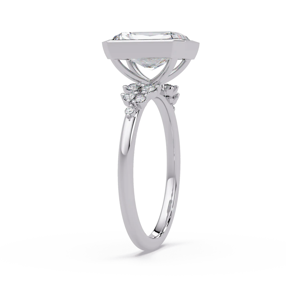 Radiant Cut Lab Grown Diamond Bezel Engagement Ring with Floral Side Stones