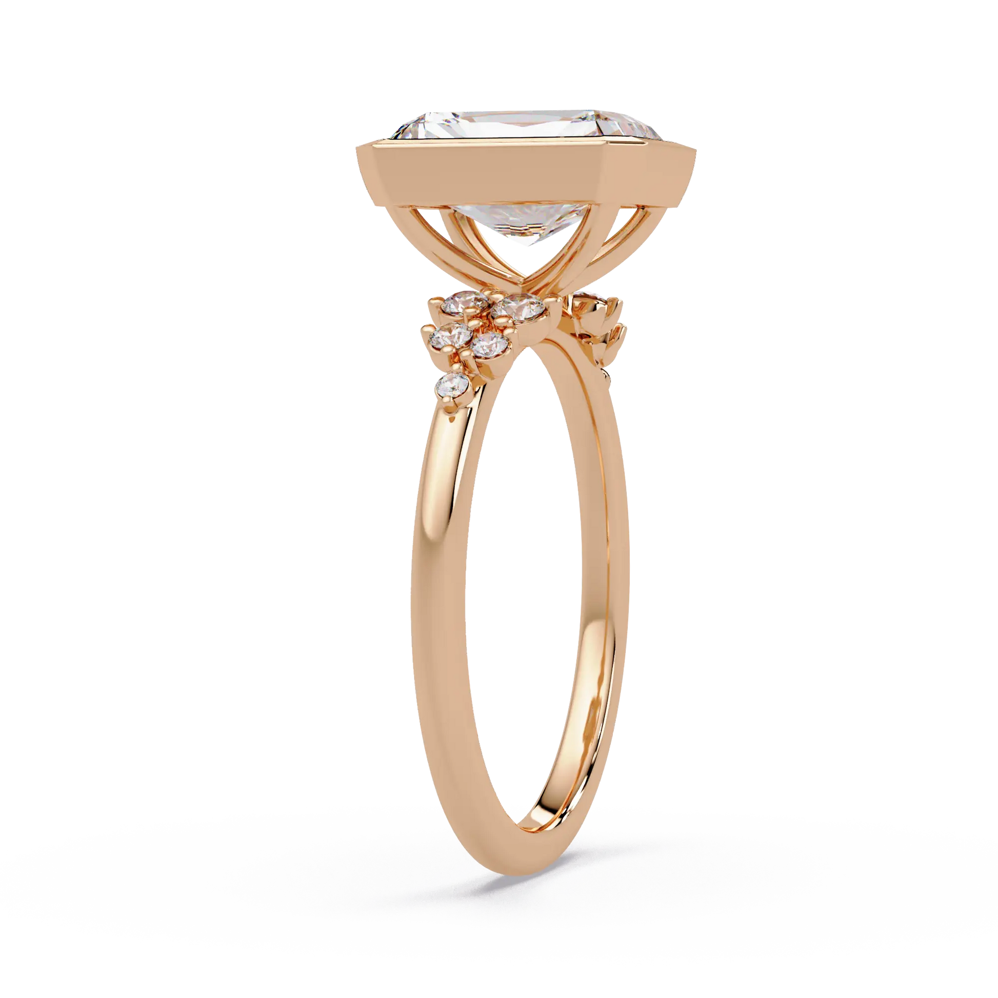 Radiant Cut Lab Grown Diamond Bezel Engagement Ring with Floral Side Stones