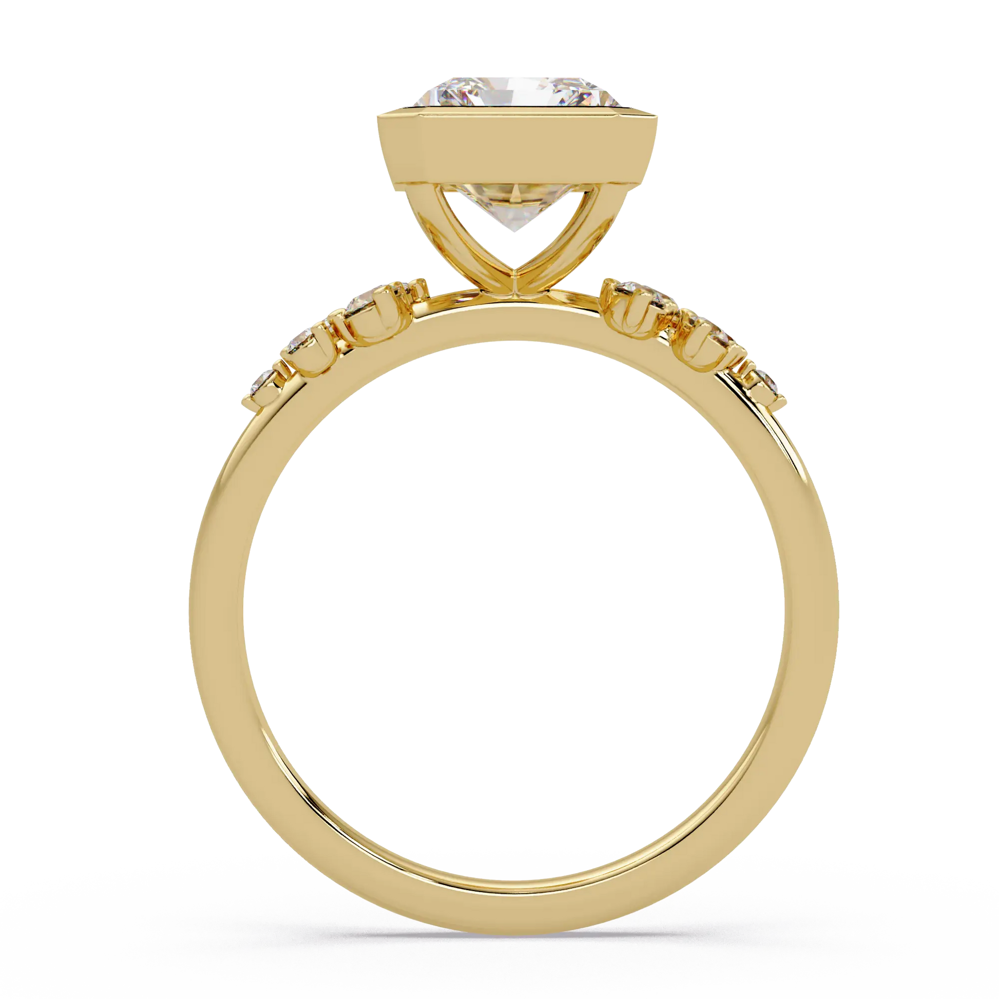 Radiant Cut Lab Grown Diamond Bezel Engagement Ring with Floral Side Stones