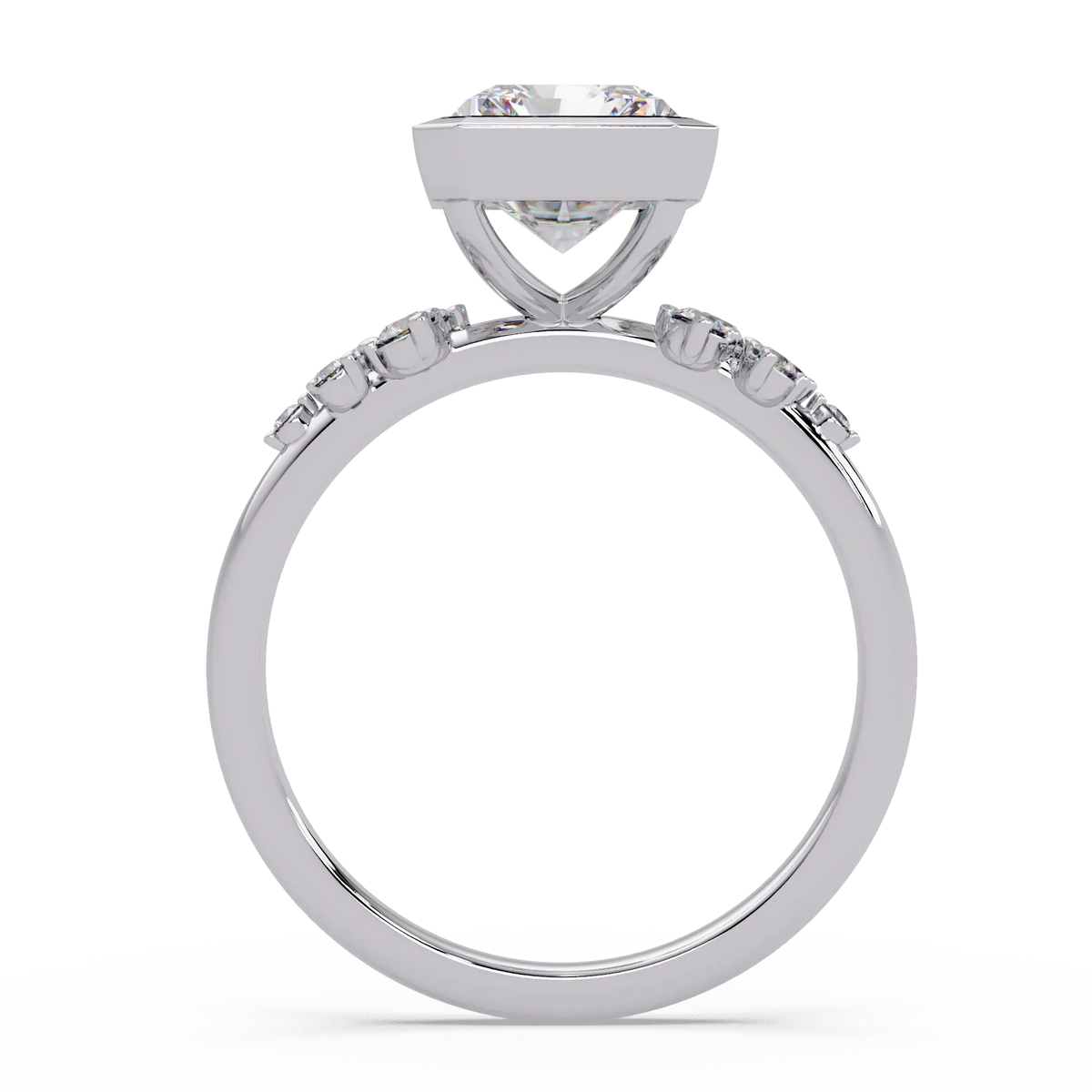Radiant Cut Lab Grown Diamond Bezel Engagement Ring with Floral Side Stones