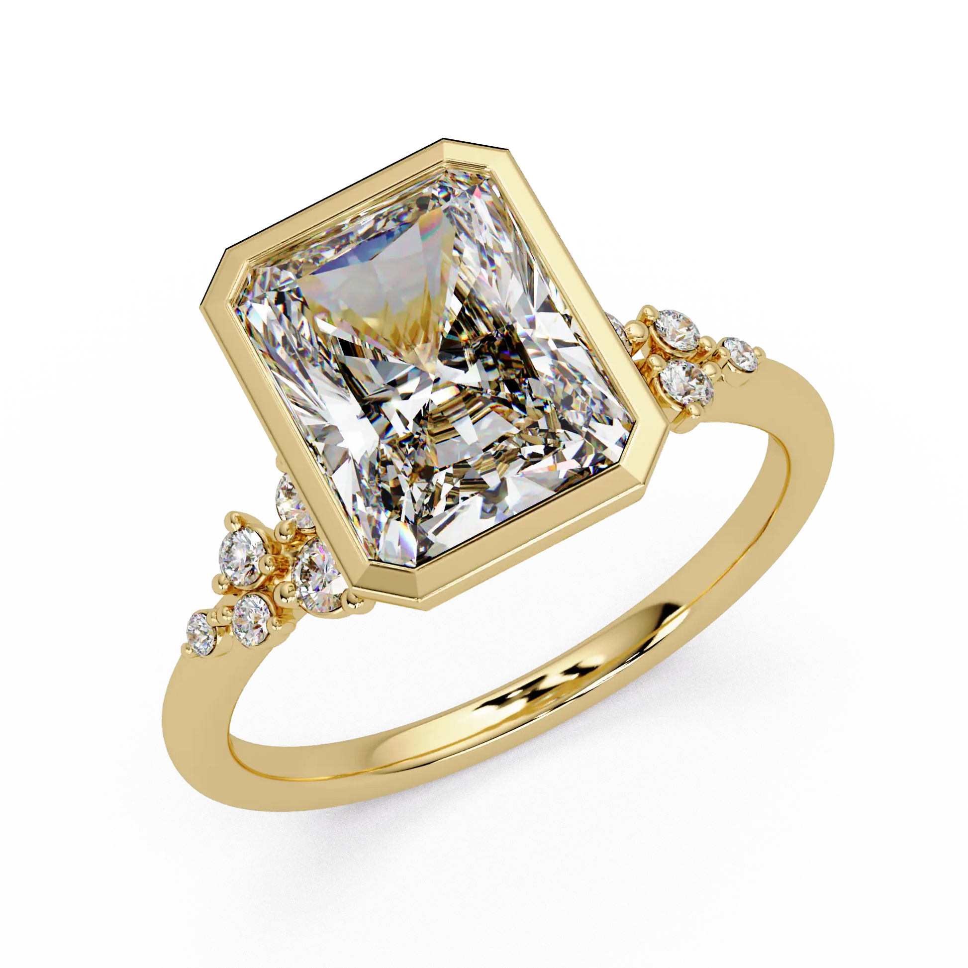 Radiant Cut Lab Grown Diamond Bezel Engagement Ring with Floral Side Stones