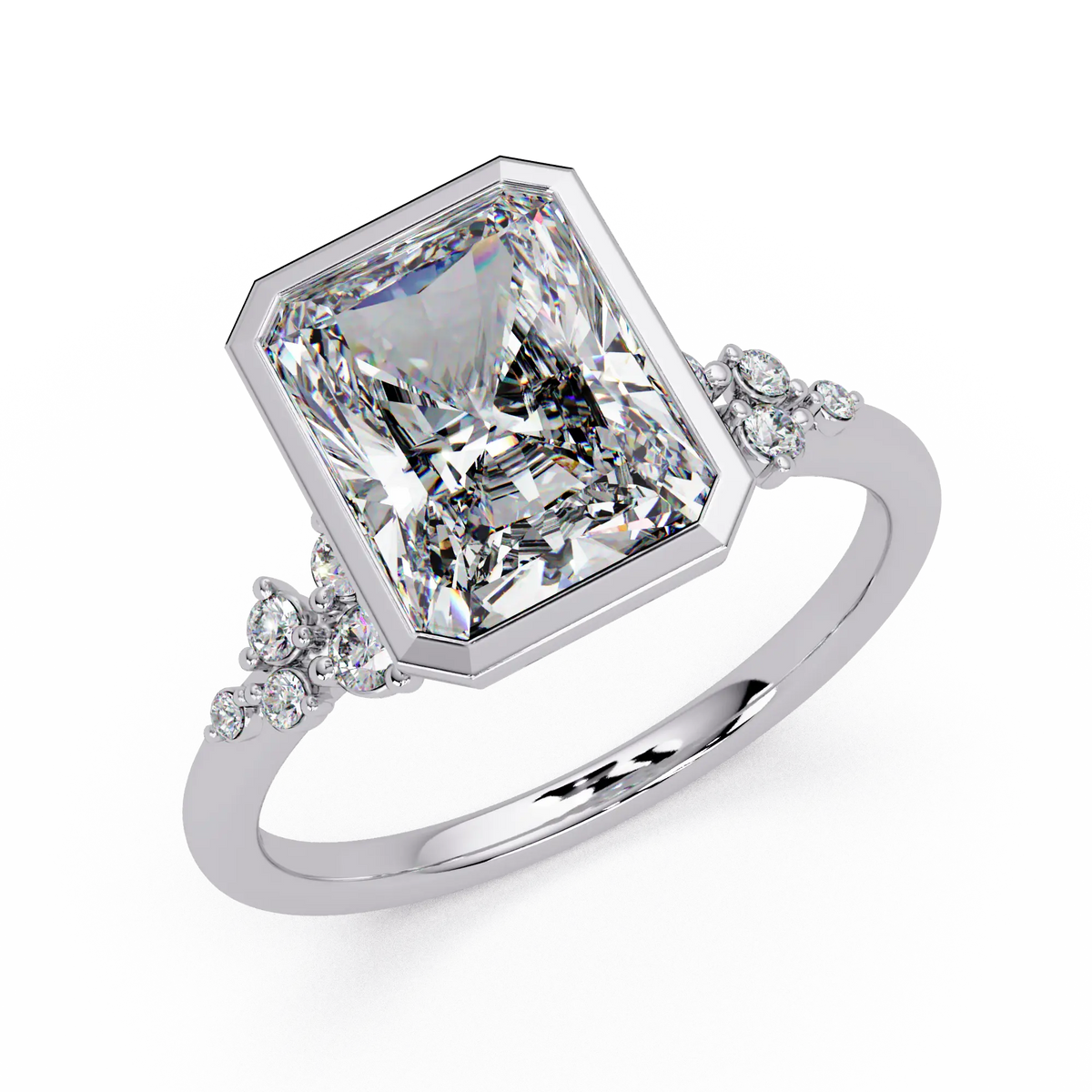 Radiant Cut Lab Grown Diamond Bezel Engagement Ring with Floral Side Stones