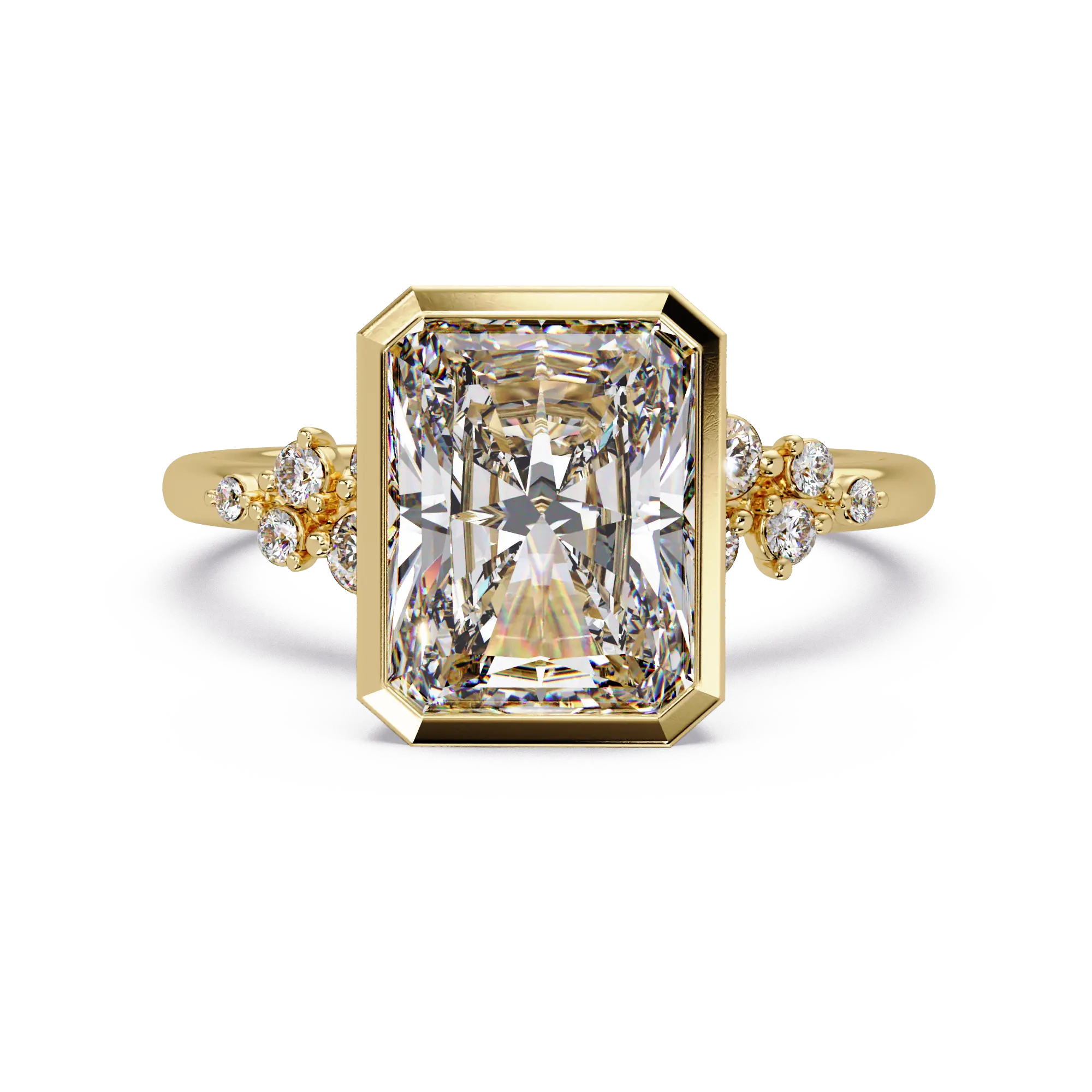 Radiant Cut Lab Grown Diamond Bezel Engagement Ring with Floral Side Stones