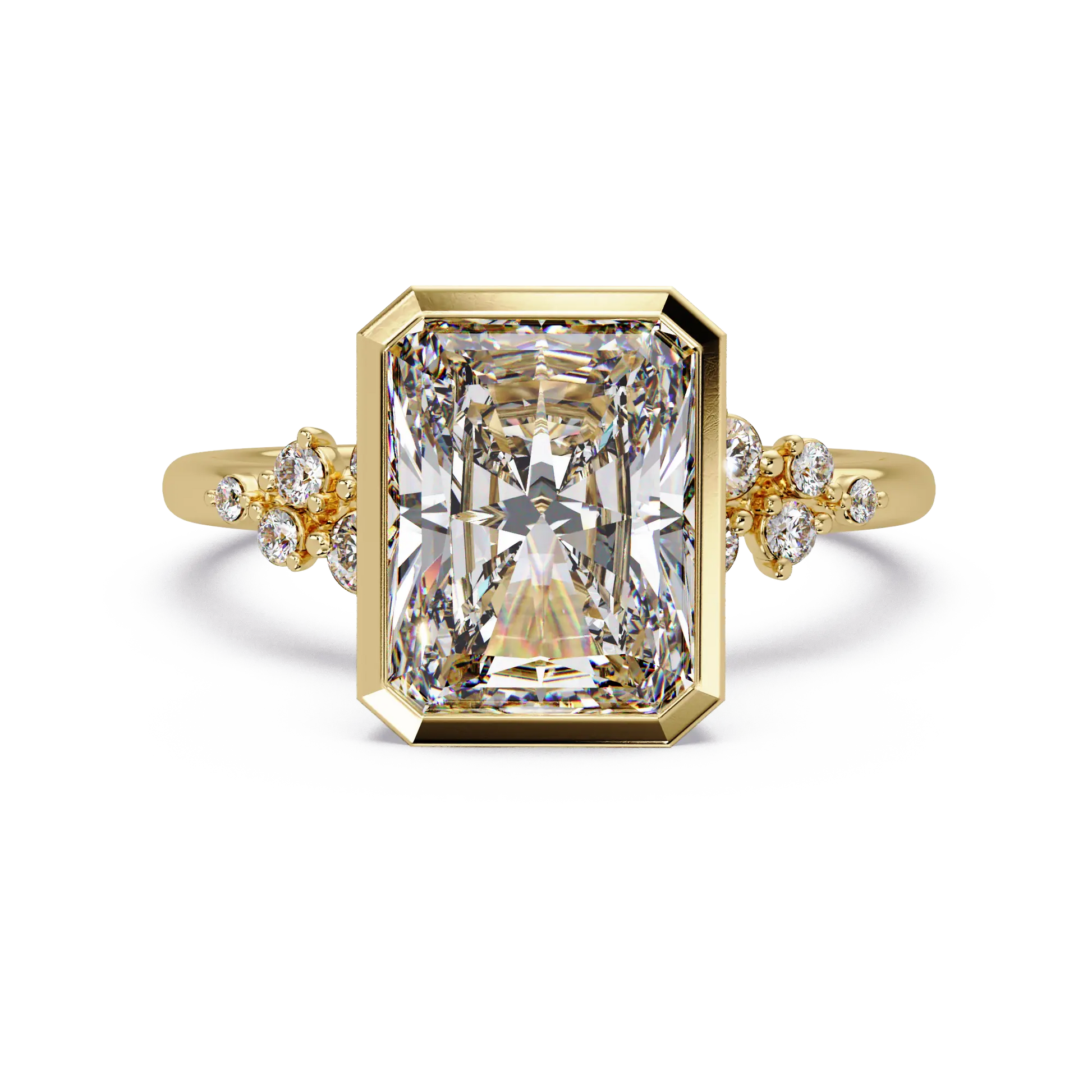 Radiant Cut Lab Grown Diamond Bezel Engagement Ring with Floral Side Stones