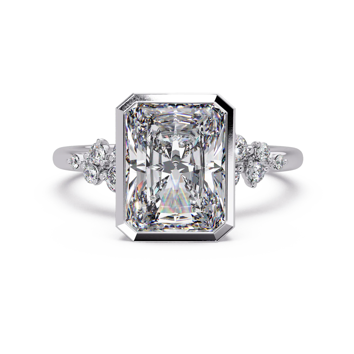 Radiant Cut Lab Grown Diamond Bezel Engagement Ring with Floral Side Stones