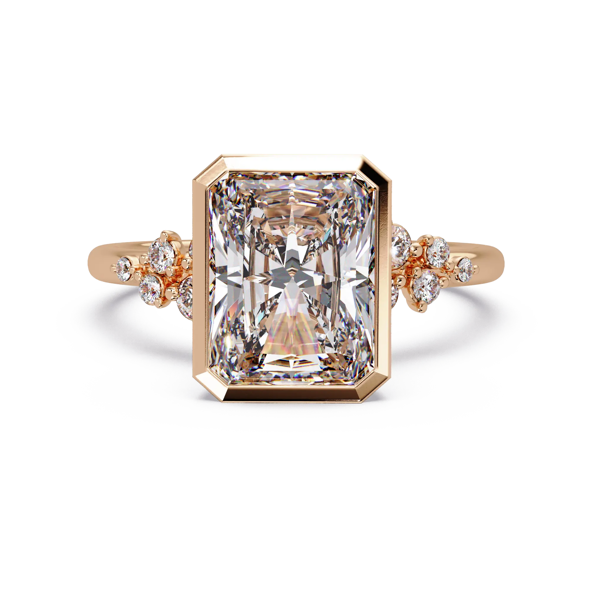 Radiant Cut Lab Grown Diamond Bezel Engagement Ring with Floral Side Stones