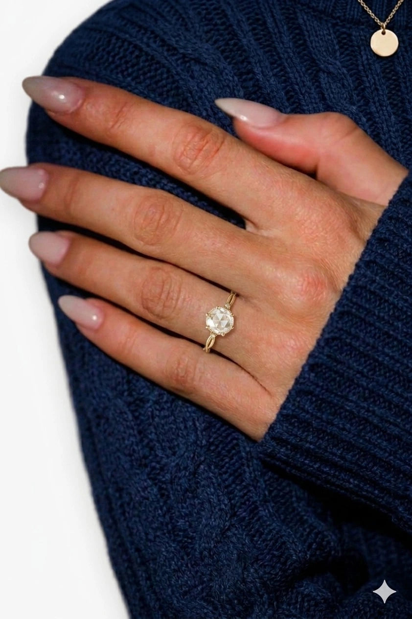 Rose Cut Moissanite Minimalist Engagement Ring – Dainty Solitaire Promise Ring with Diamond Accents