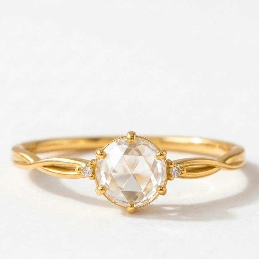 Rose Cut Moissanite Minimalist Engagement Ring – Dainty Solitaire Promise Ring with Diamond Accents