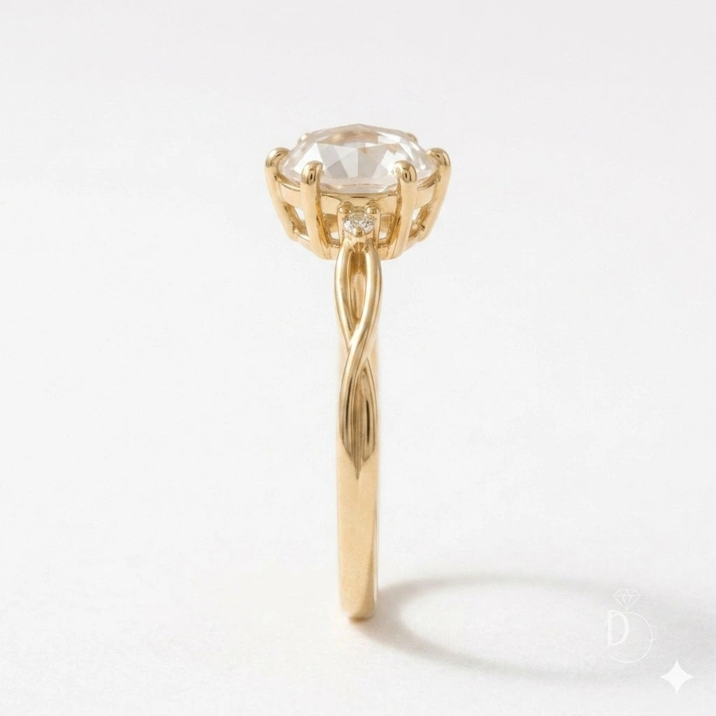 Rose Cut Moissanite Minimalist Engagement Ring – Dainty Solitaire Promise Ring with Diamond Accents