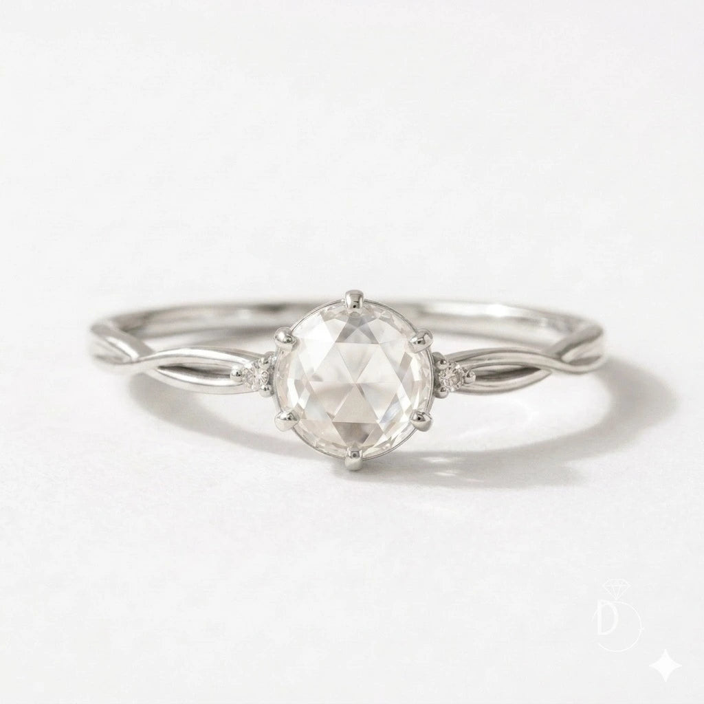 Rose Cut Moissanite Minimalist Engagement Ring – Dainty Solitaire Promise Ring with Diamond Accents