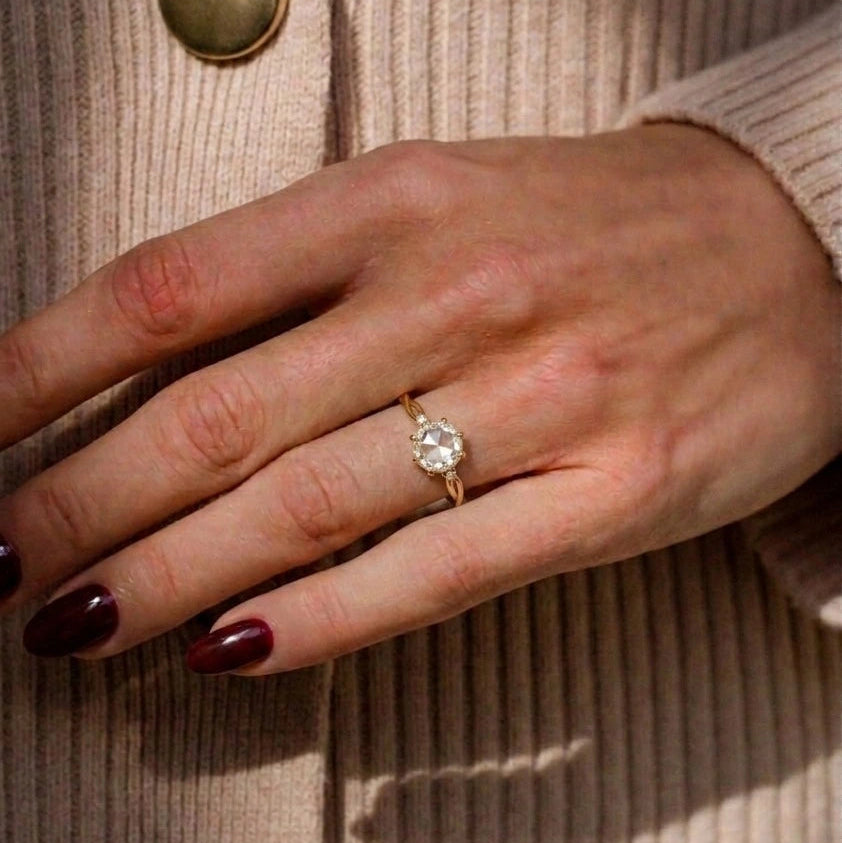 Rose Cut Moissanite Minimalist Engagement Ring – Dainty Solitaire Promise Ring with Diamond Accents