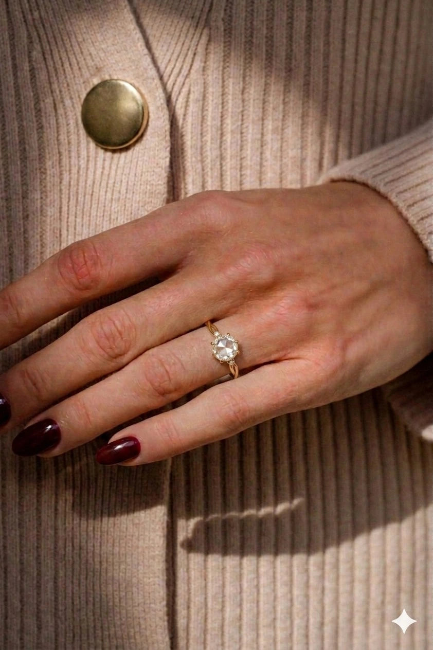 Rose Cut Moissanite Minimalist Engagement Ring – Dainty Solitaire Promise Ring with Diamond Accents