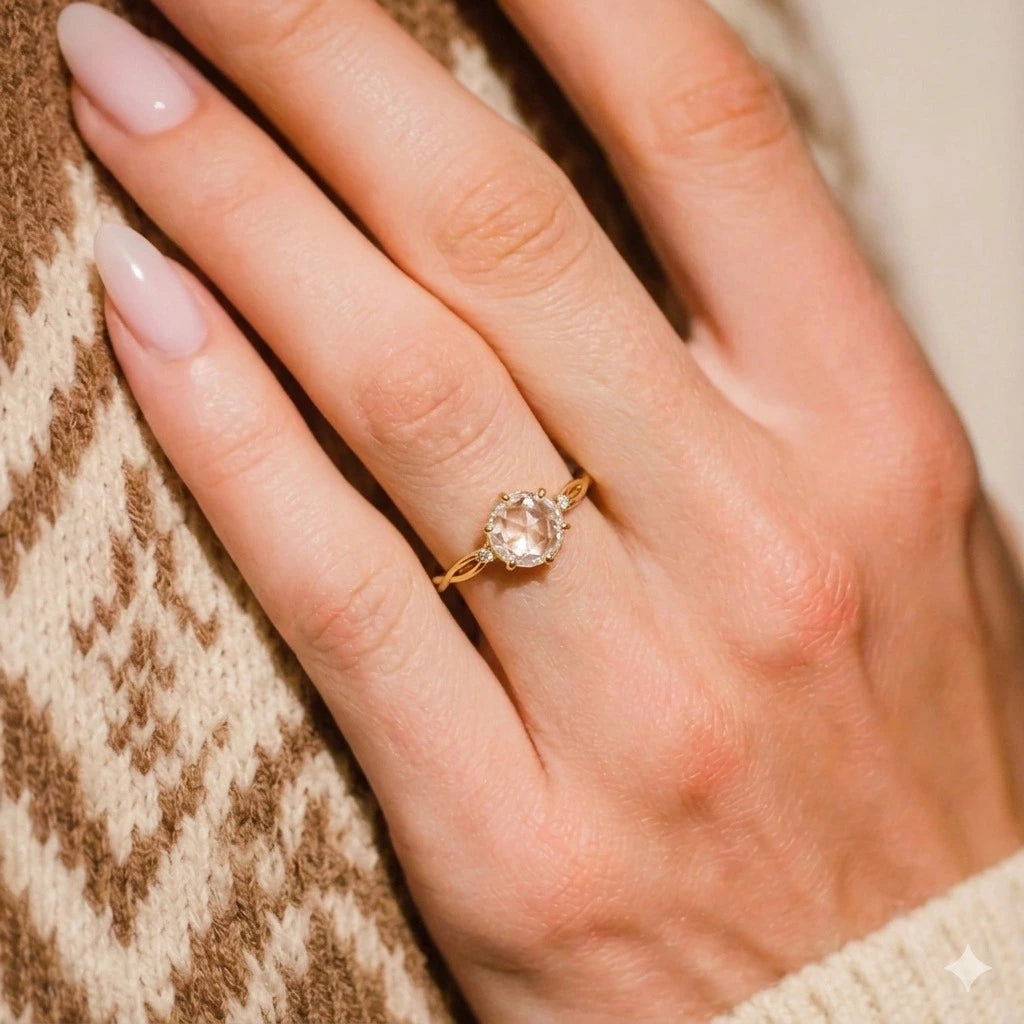 Rose Cut Moissanite Minimalist Engagement Ring – Dainty Solitaire Promise Ring with Diamond Accents