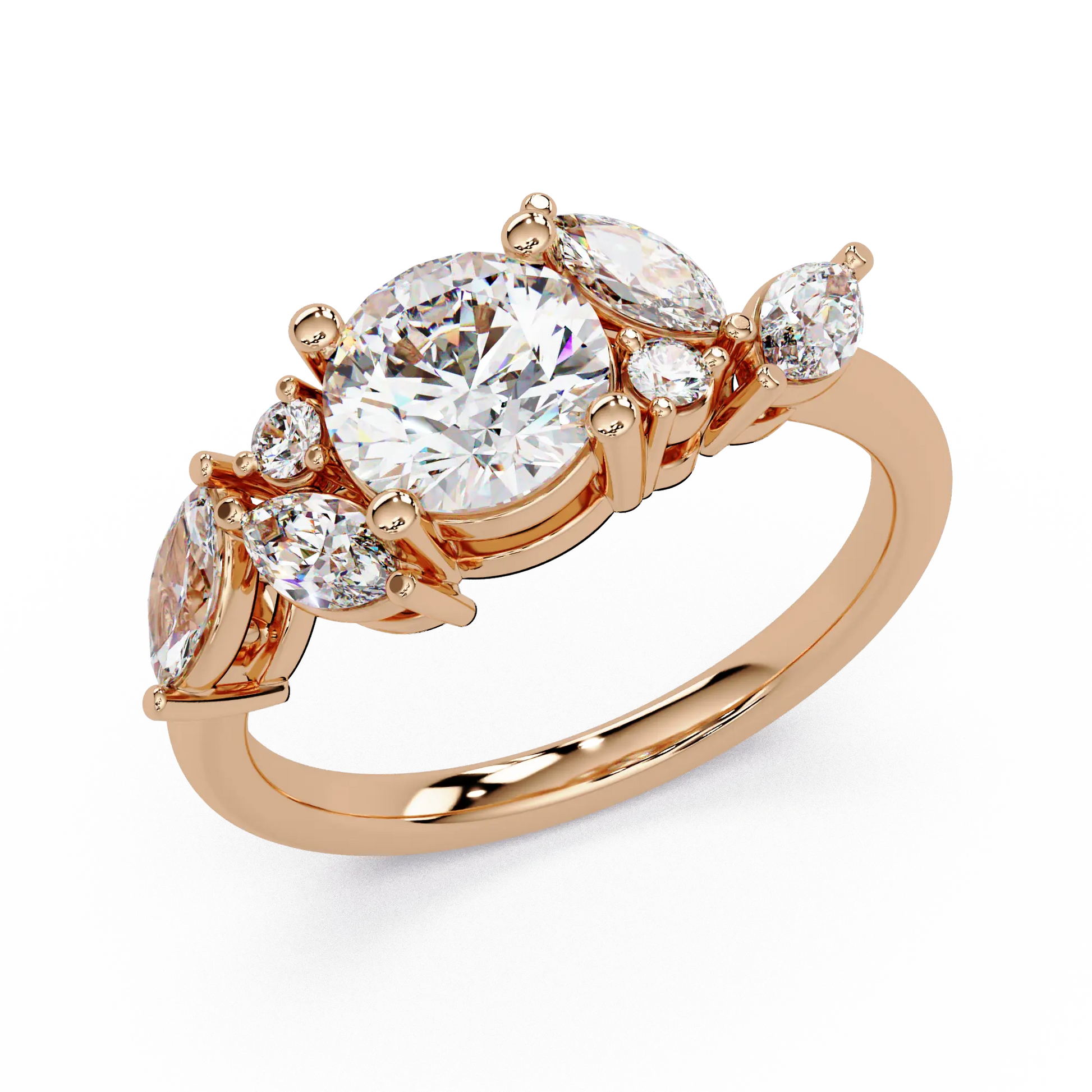 Round Brilliant Diamond Floral Engagement Ring - Marquise & Round Diamond Leaf Inspired Ring