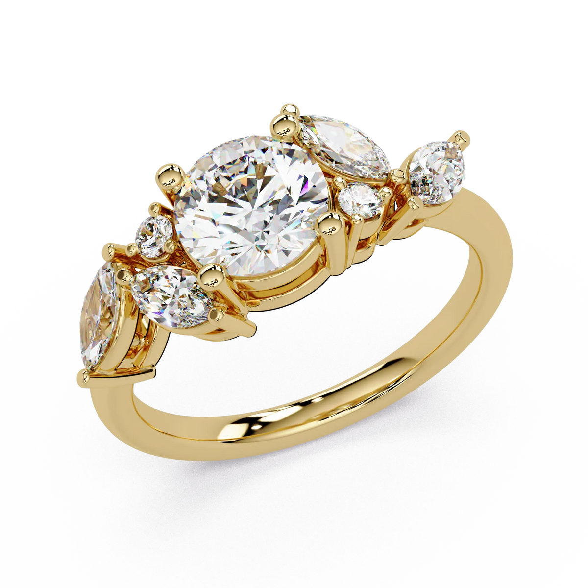 Round Brilliant Diamond Floral Engagement Ring - Marquise & Round Diamond Leaf Inspired Ring