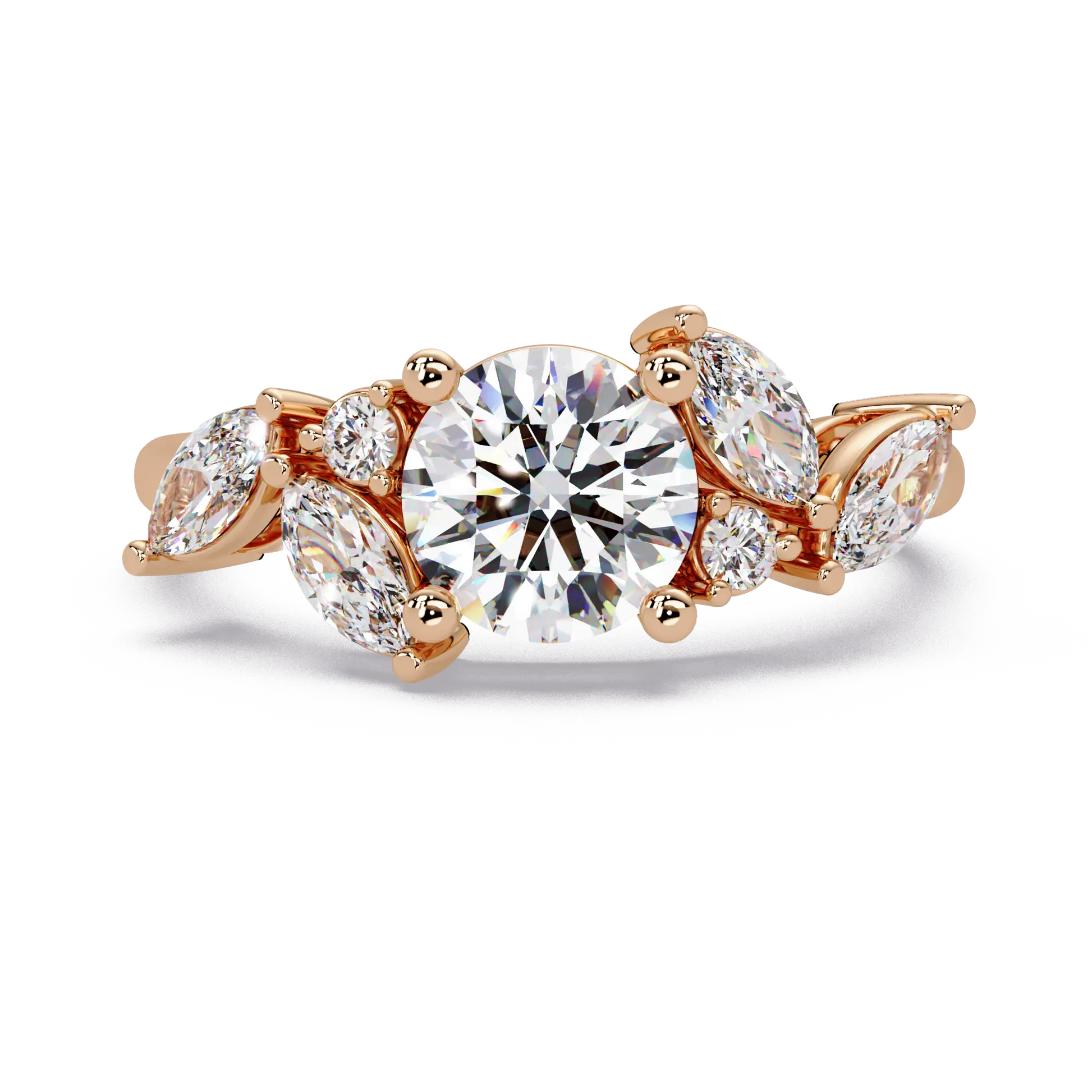 Round Brilliant Diamond Floral Engagement Ring - Marquise & Round Diamond Leaf Inspired Ring