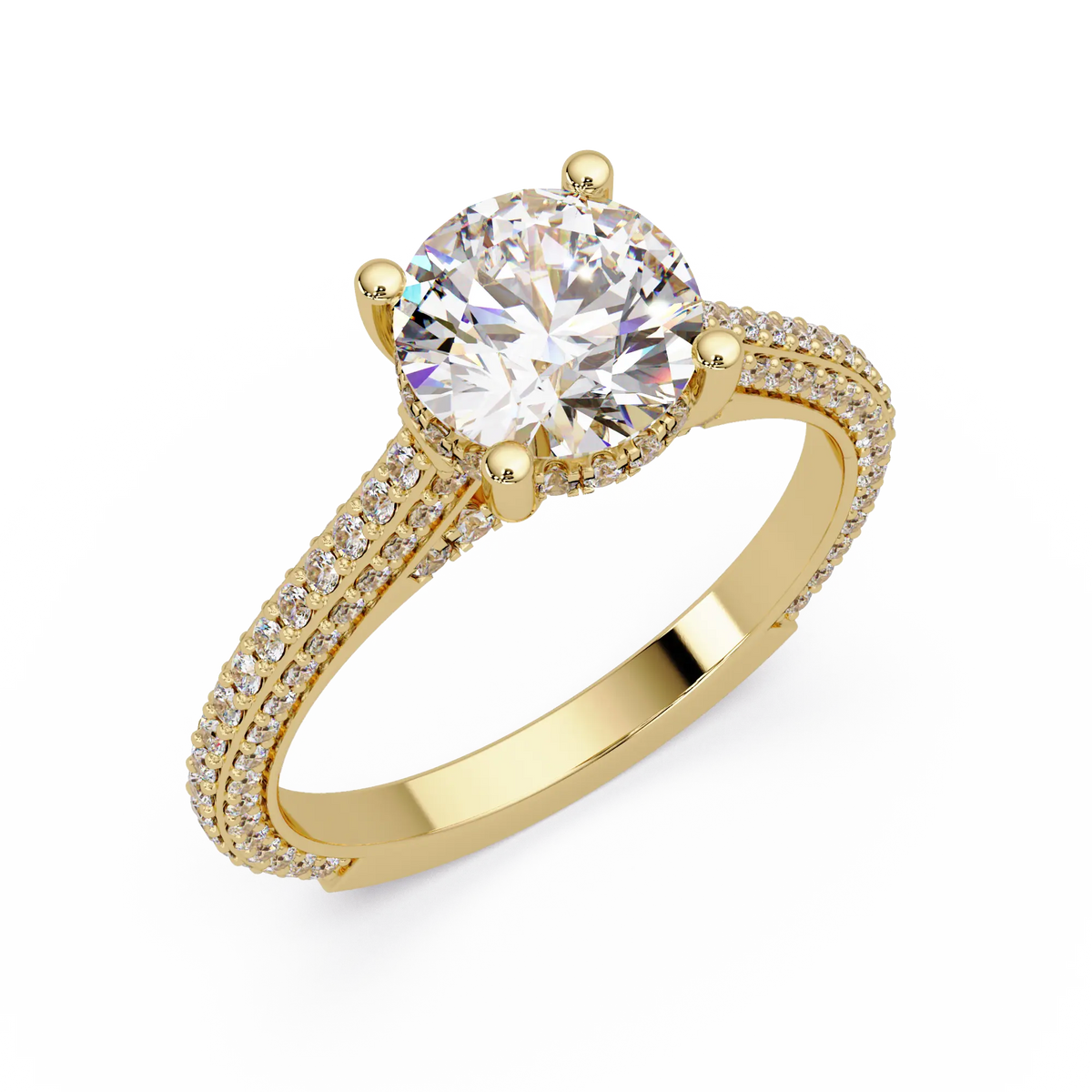Round Brilliant Diamond Engagement Ring Double Pavé Band Gold Engagement Ring
