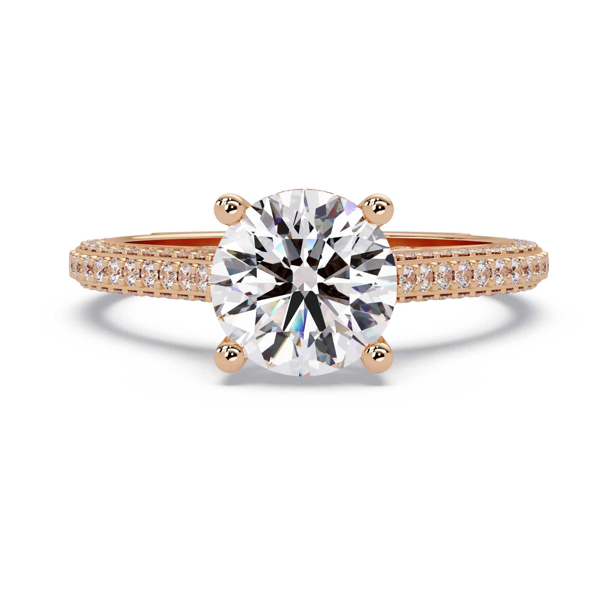 Round Brilliant Diamond Engagement Ring Double Pavé Band Gold Engagement Ring