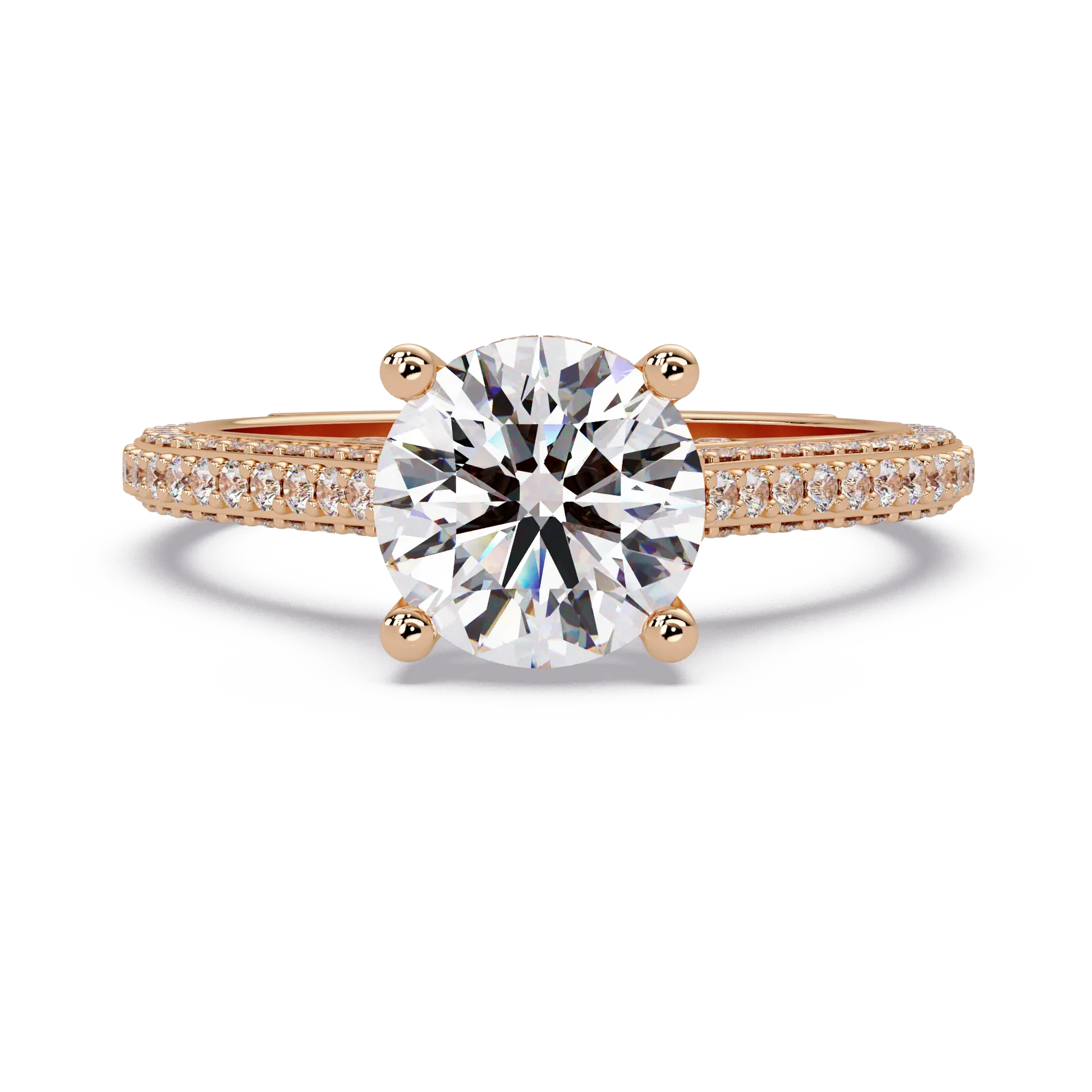 Round Brilliant Diamond Engagement Ring Double Pavé Band Gold Engagement Ring