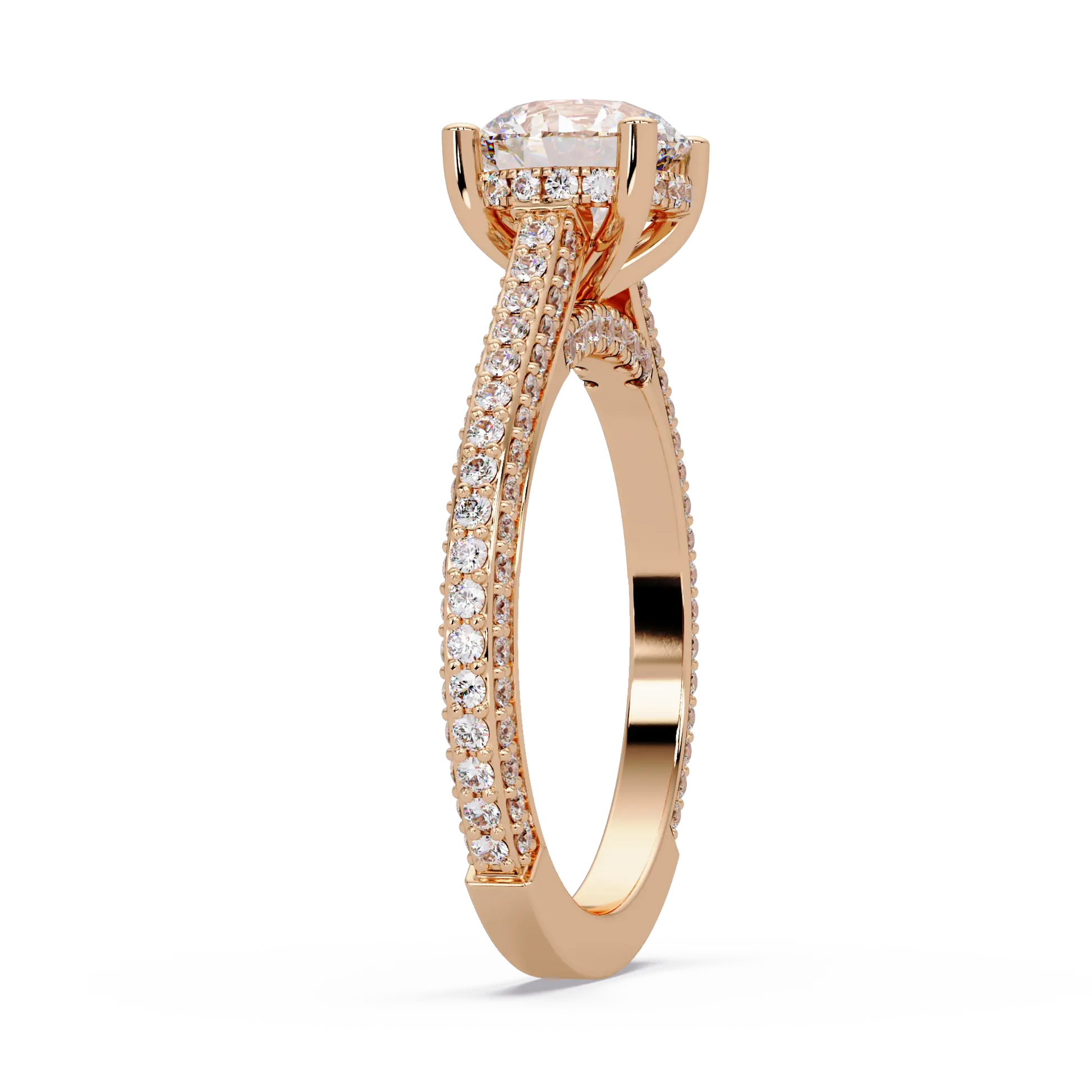 Round Brilliant Diamond Engagement Ring Double Pavé Band Gold Engagement Ring
