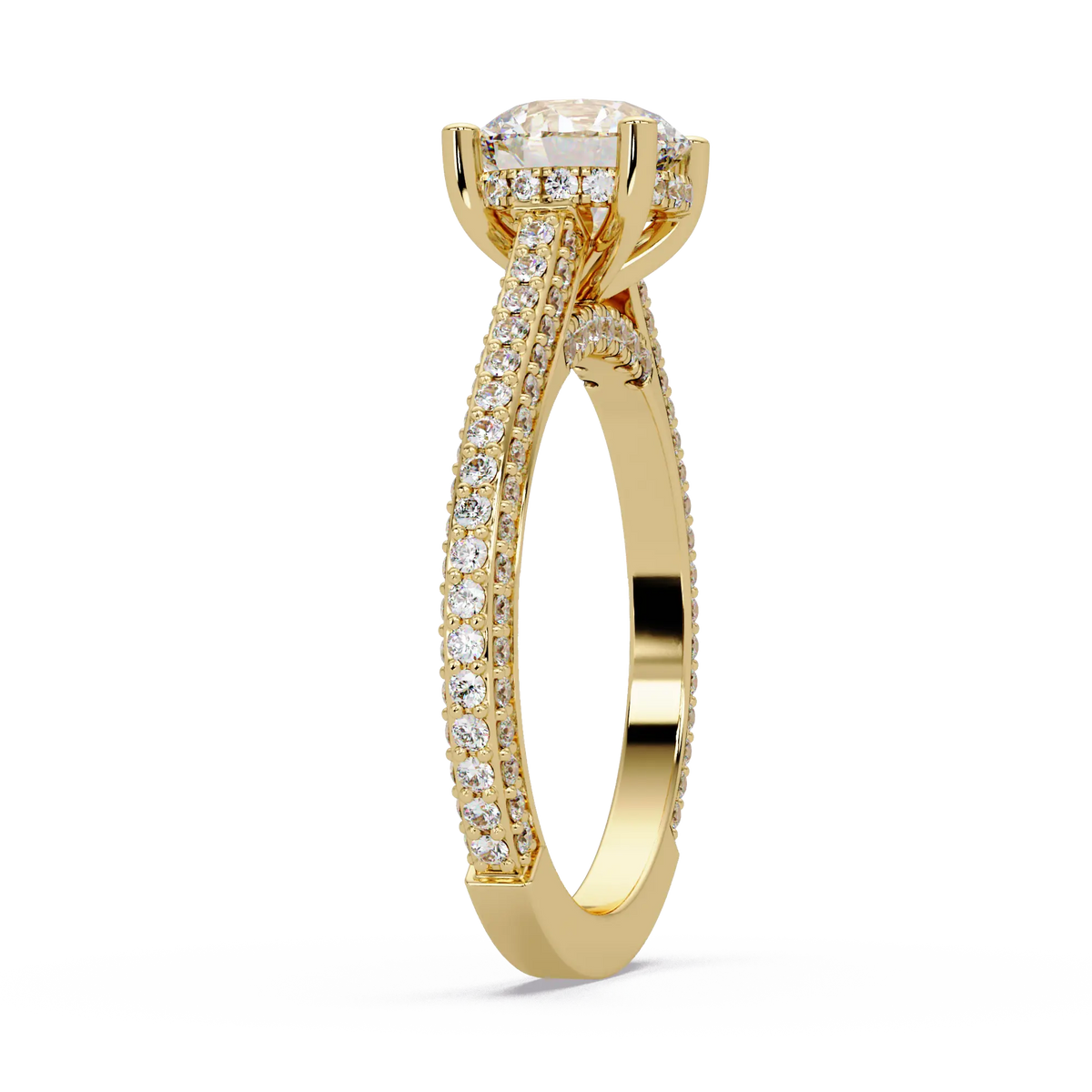 Round Brilliant Diamond Engagement Ring Double Pavé Band Gold Engagement Ring