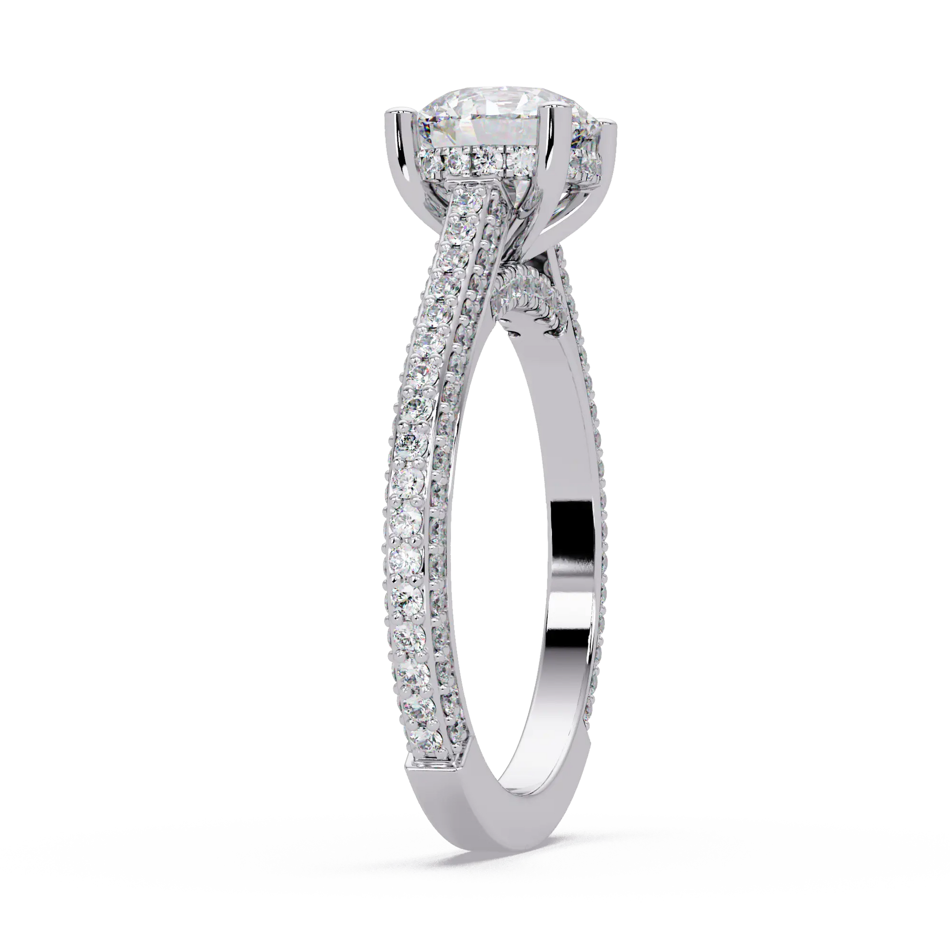 Round Brilliant Diamond Engagement Ring Double Pavé Band Gold Engagement Ring