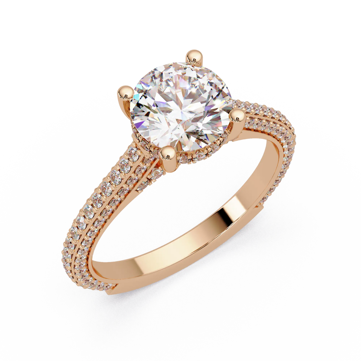 Round Brilliant Diamond Engagement Ring Double Pavé Band Gold Engagement Ring