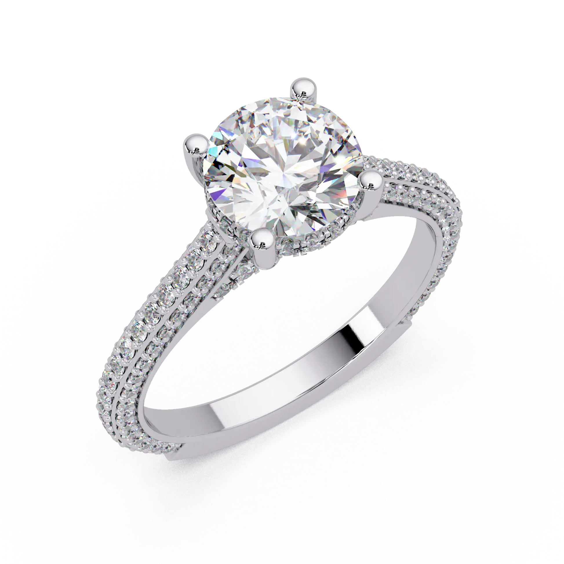 Round Brilliant Diamond Engagement Ring Double Pavé Band Gold Engagement Ring