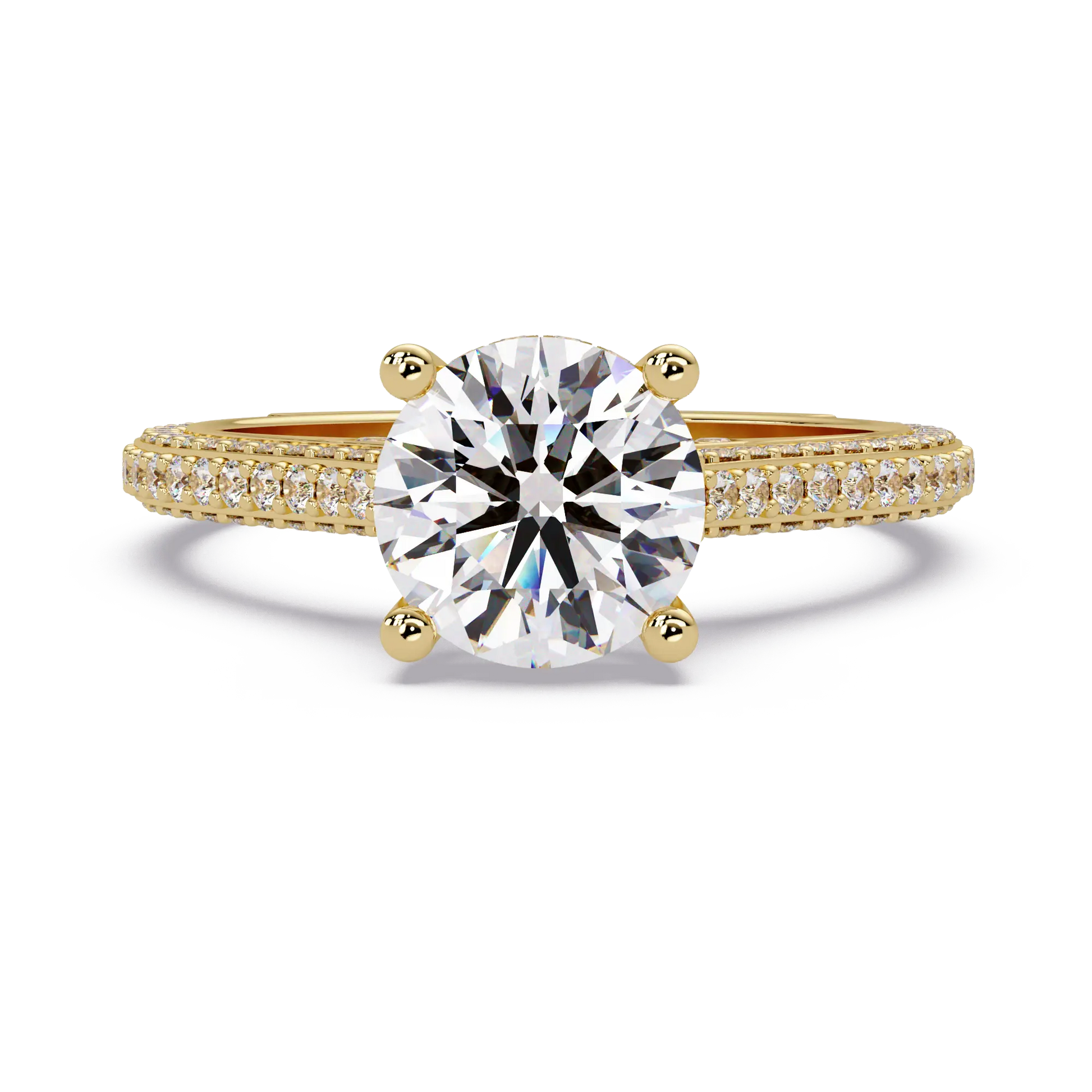 Round Brilliant Diamond Engagement Ring Double Pavé Band Gold Engagement Ring