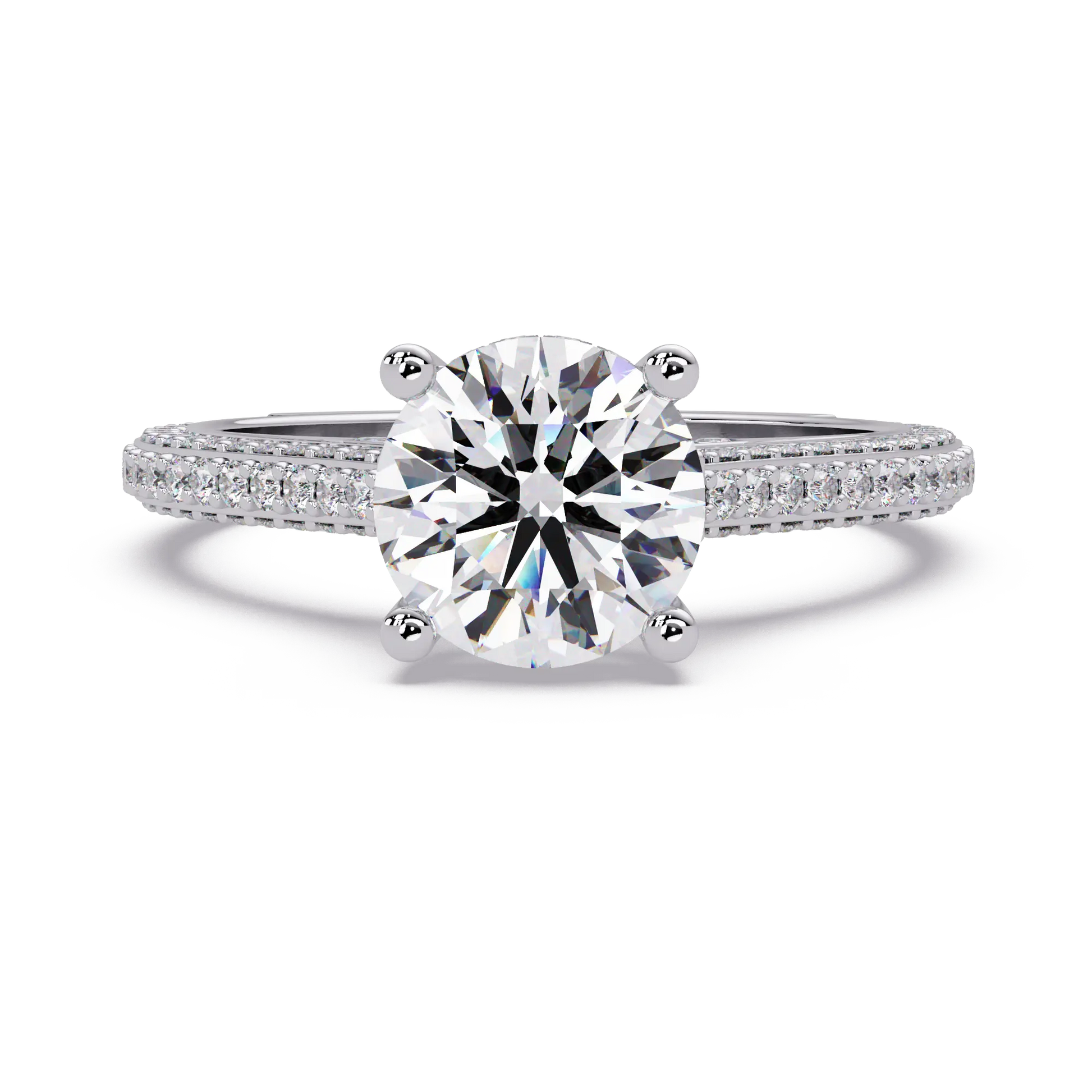 Round Brilliant Diamond Engagement Ring Double Pavé Band Gold Engagement Ring