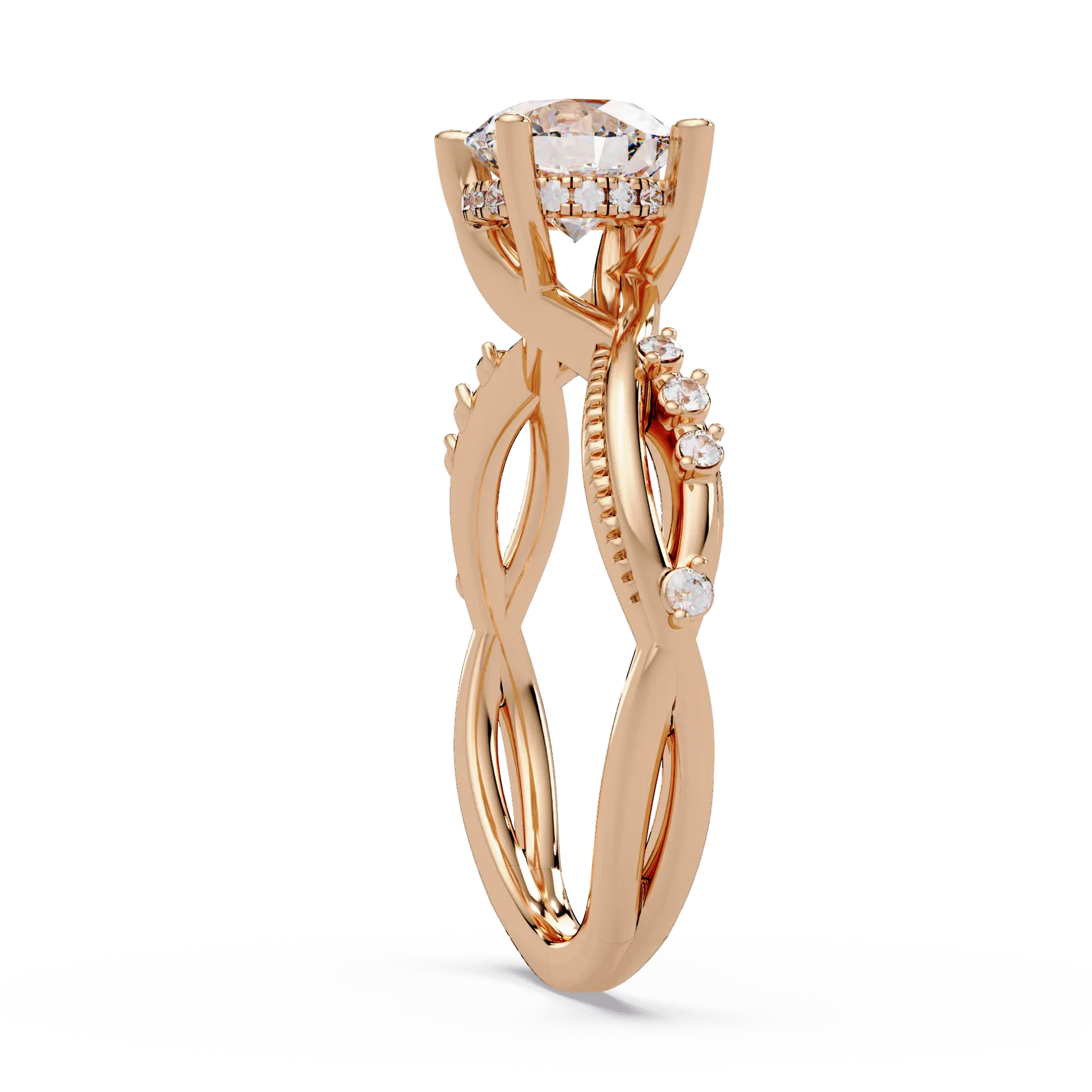 Round Brilliant Diamond Engagement Ring - Twisted Pavé Diamond Crossover Band