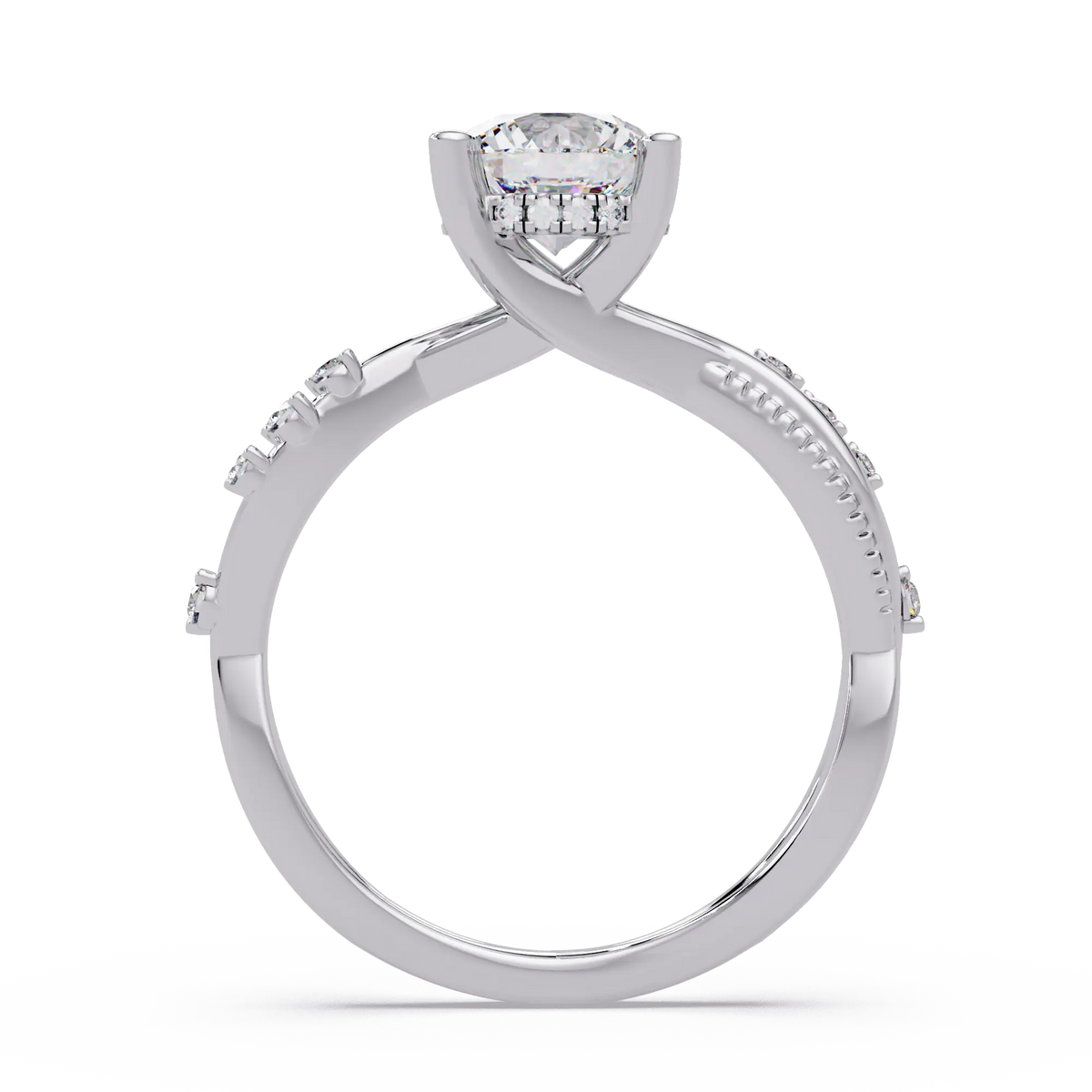 Round Brilliant Diamond Engagement Ring - Twisted Pavé Diamond Crossover Band
