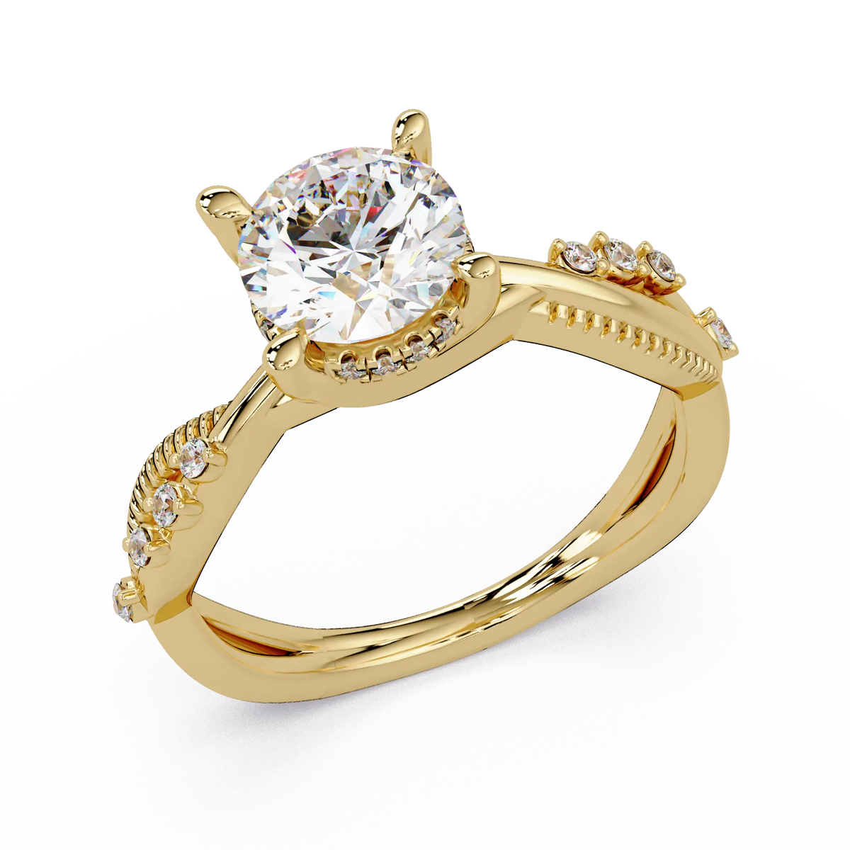 Round Brilliant Diamond Engagement Ring - Twisted Pavé Diamond Crossover Band