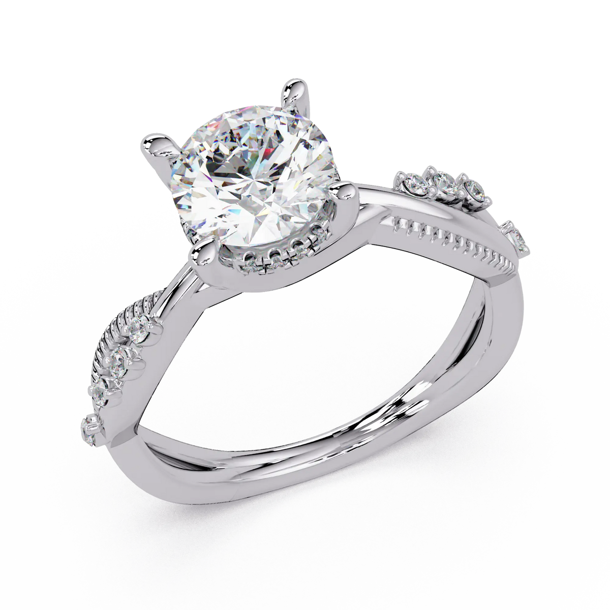 Round Brilliant Diamond Engagement Ring - Twisted Pavé Diamond Crossover Band