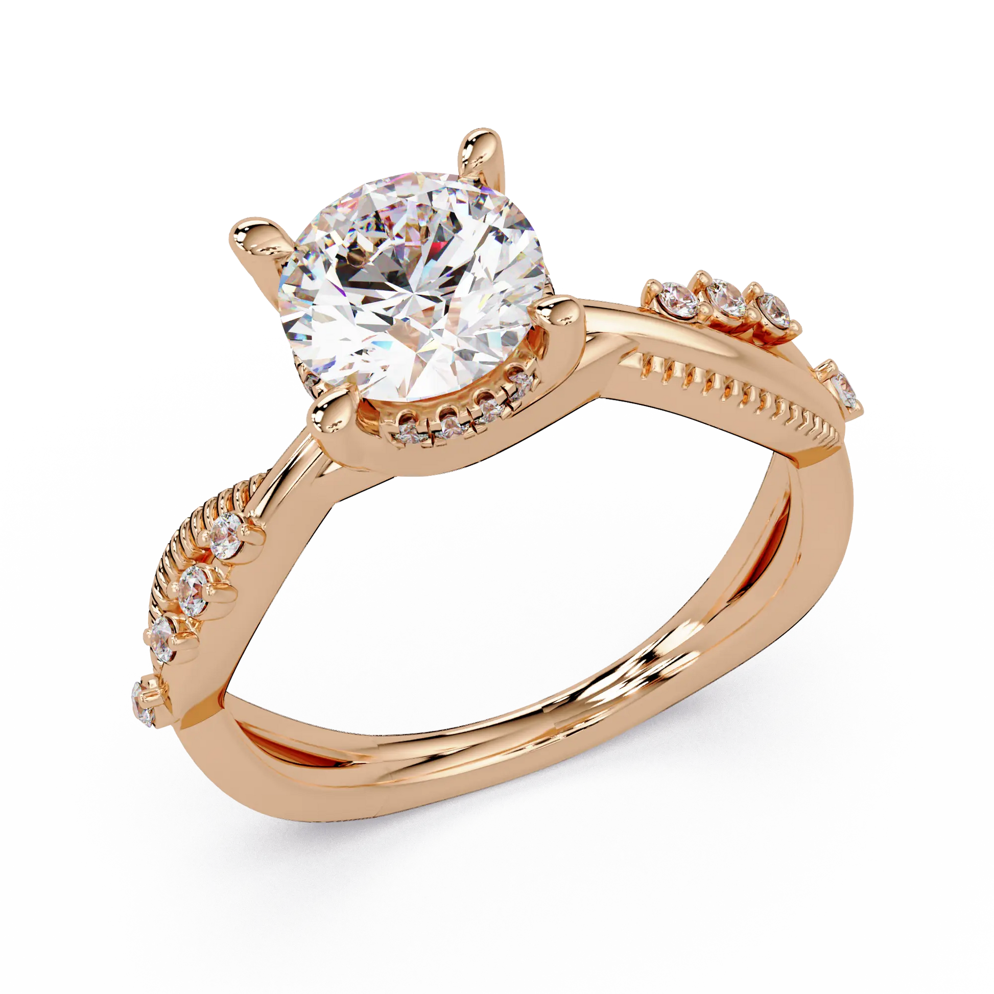 Round Brilliant Diamond Engagement Ring - Twisted Pavé Diamond Crossover Band