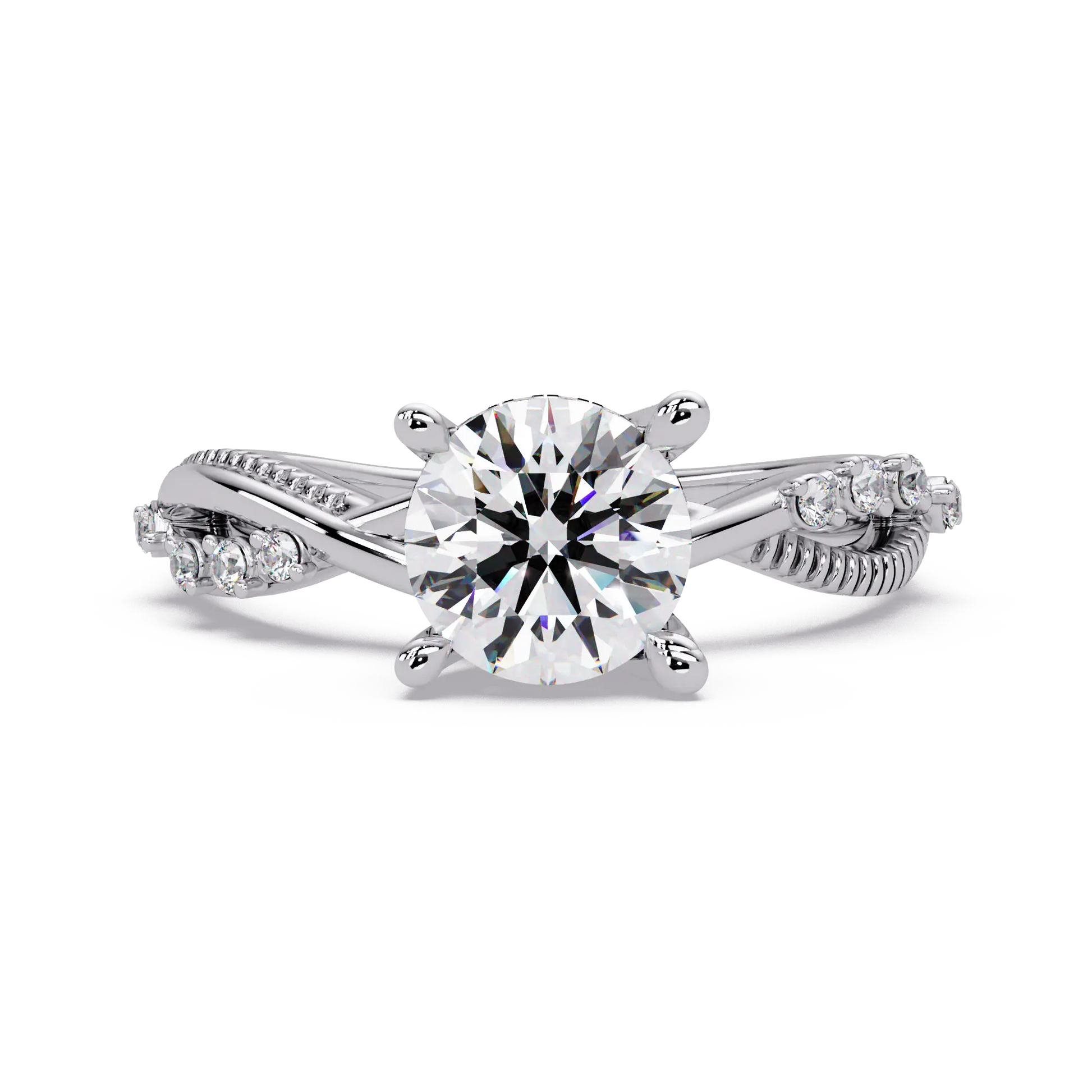 Round Brilliant Diamond Engagement Ring - Twisted Pavé Diamond Crossover Band