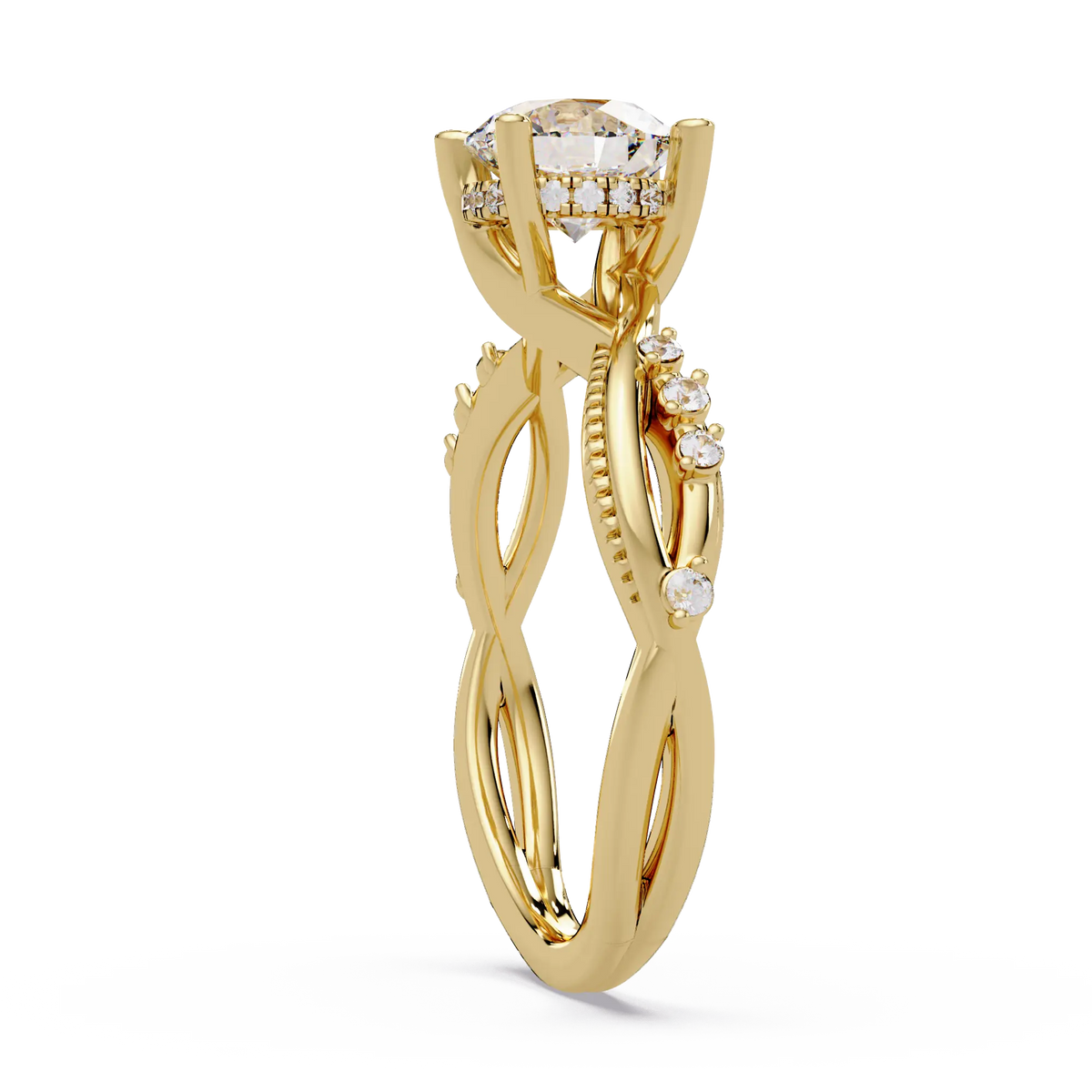 Round Brilliant Diamond Engagement Ring - Twisted Pavé Diamond Crossover Band