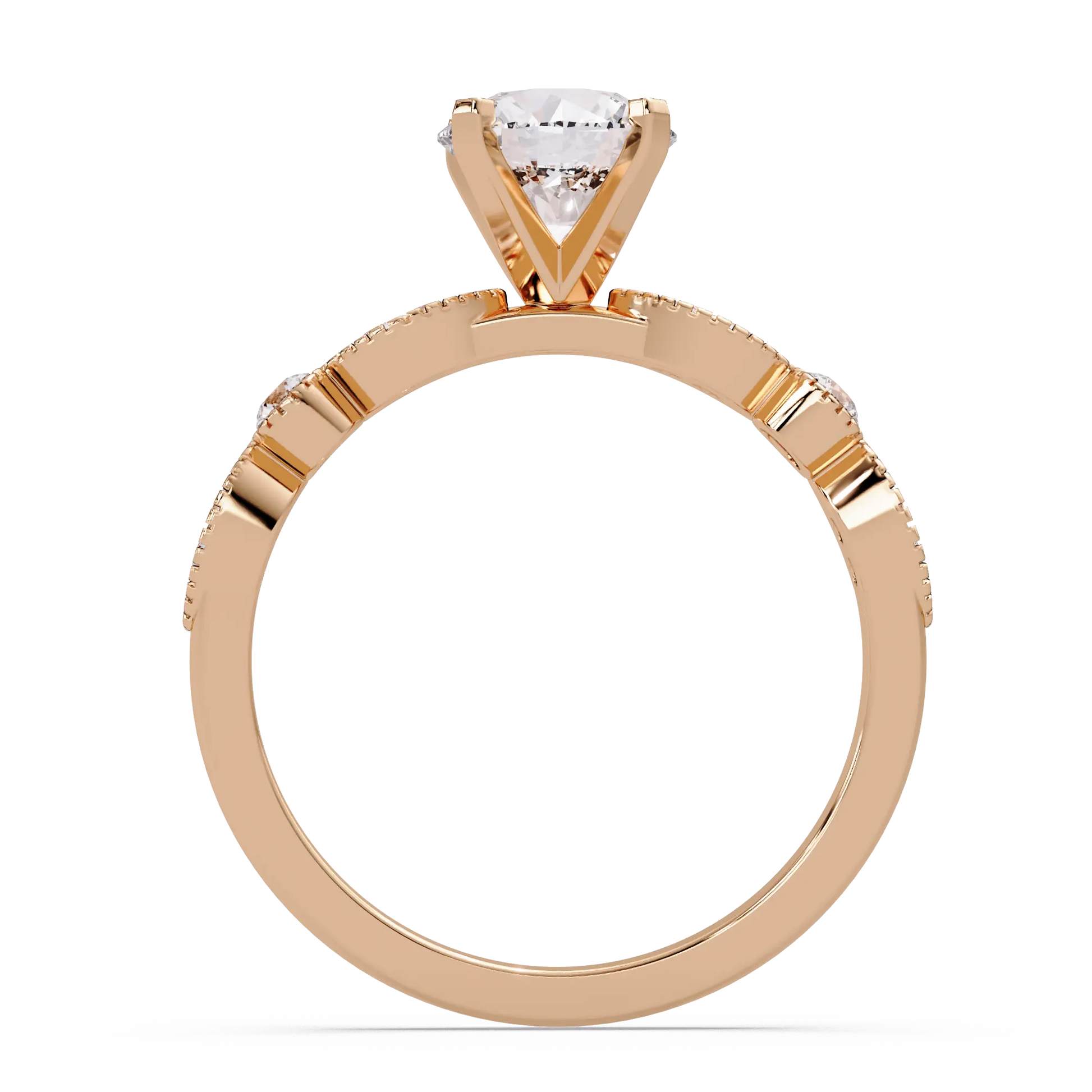 Round Brilliant Lab Grown Diamond Four Prong Engagement Ring with Side Diamonds